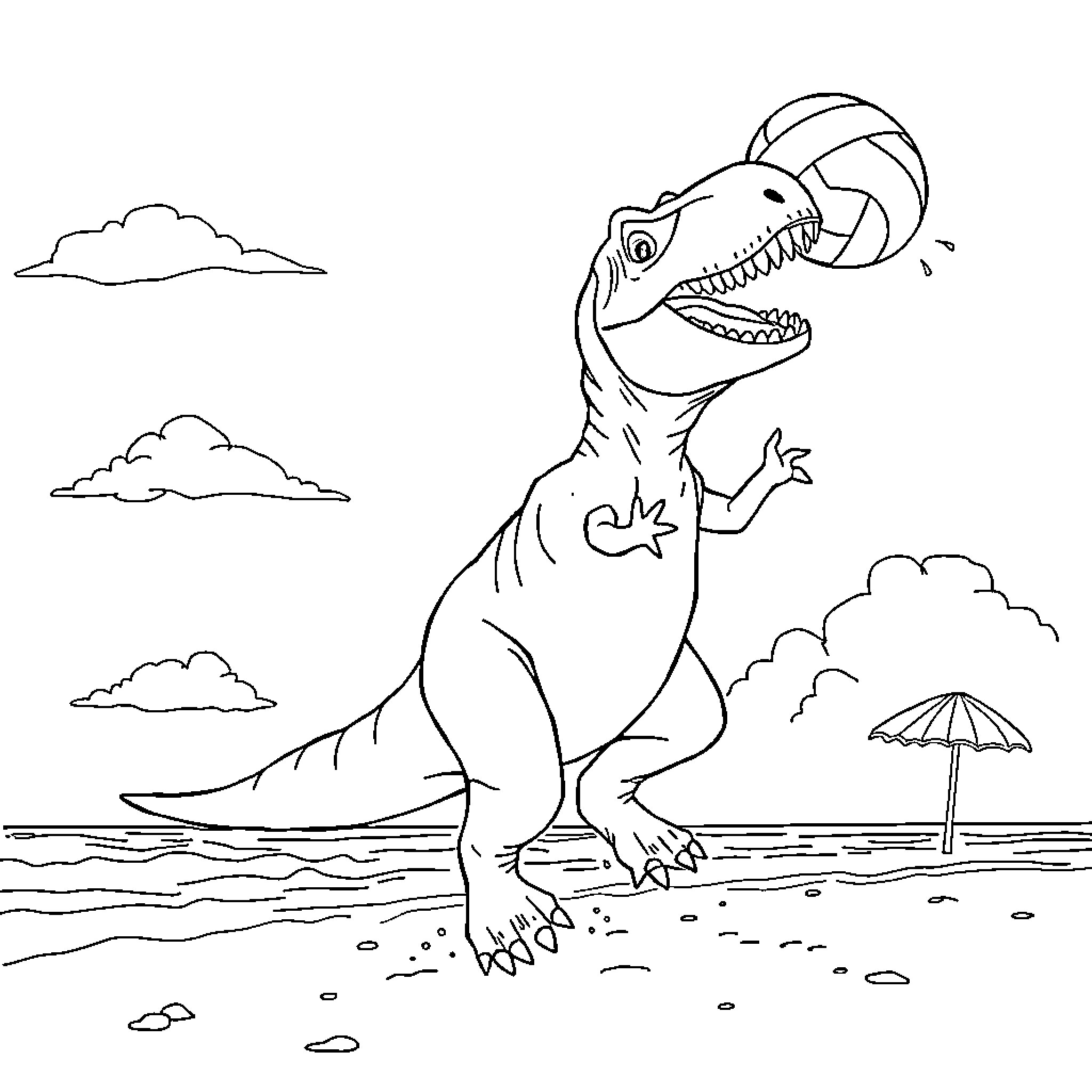 T-Rex enjoying a day at the beach Coloring Page (free black-and-white line drawing printable PDF for all, from beginners to advanced learners, including children, teens, adults, and seniors)