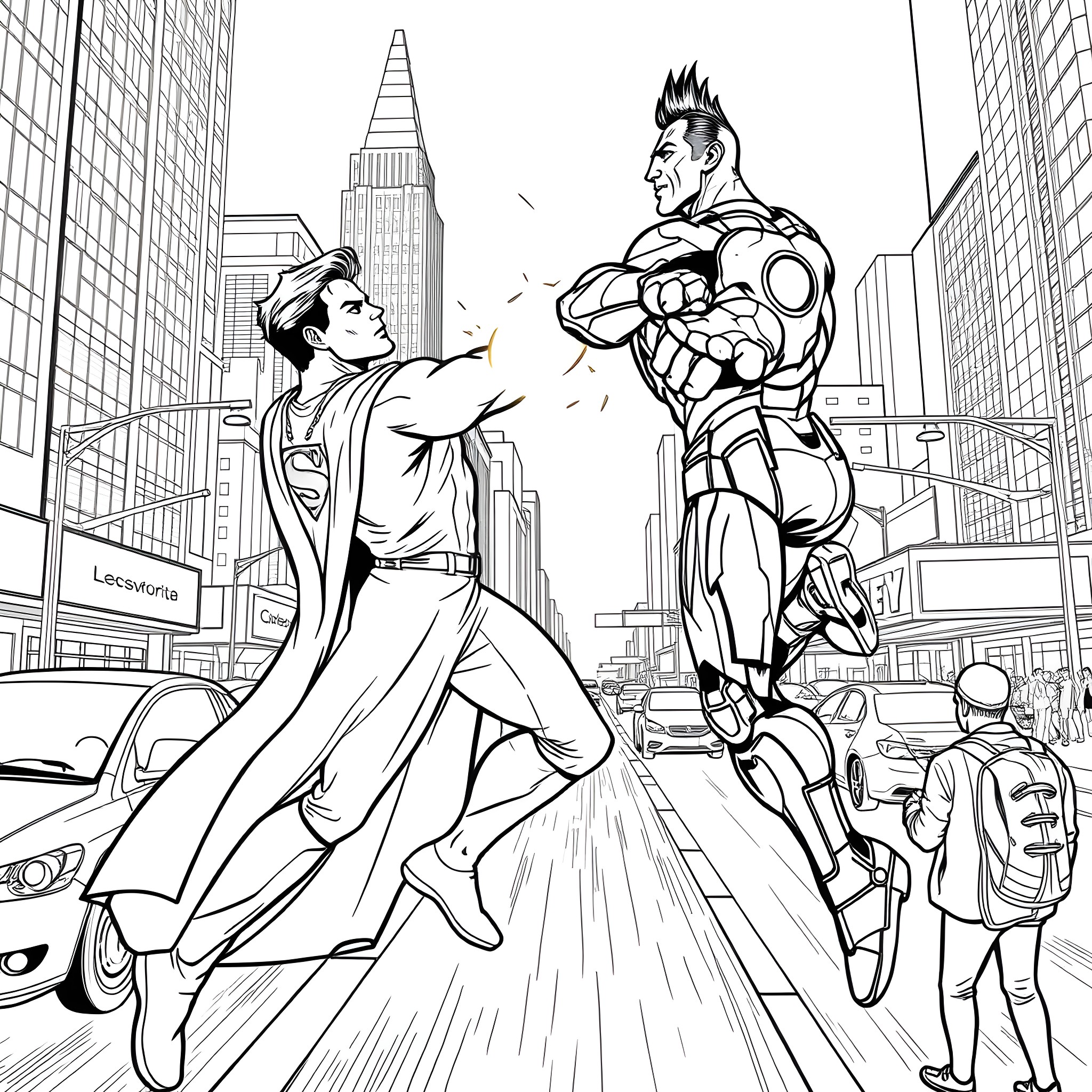 Superman and supervillain clash in New York City Coloring Page (free black-and-white line drawing printable PDF for all, from beginners to advanced learners, including children, teens, adults, and seniors)