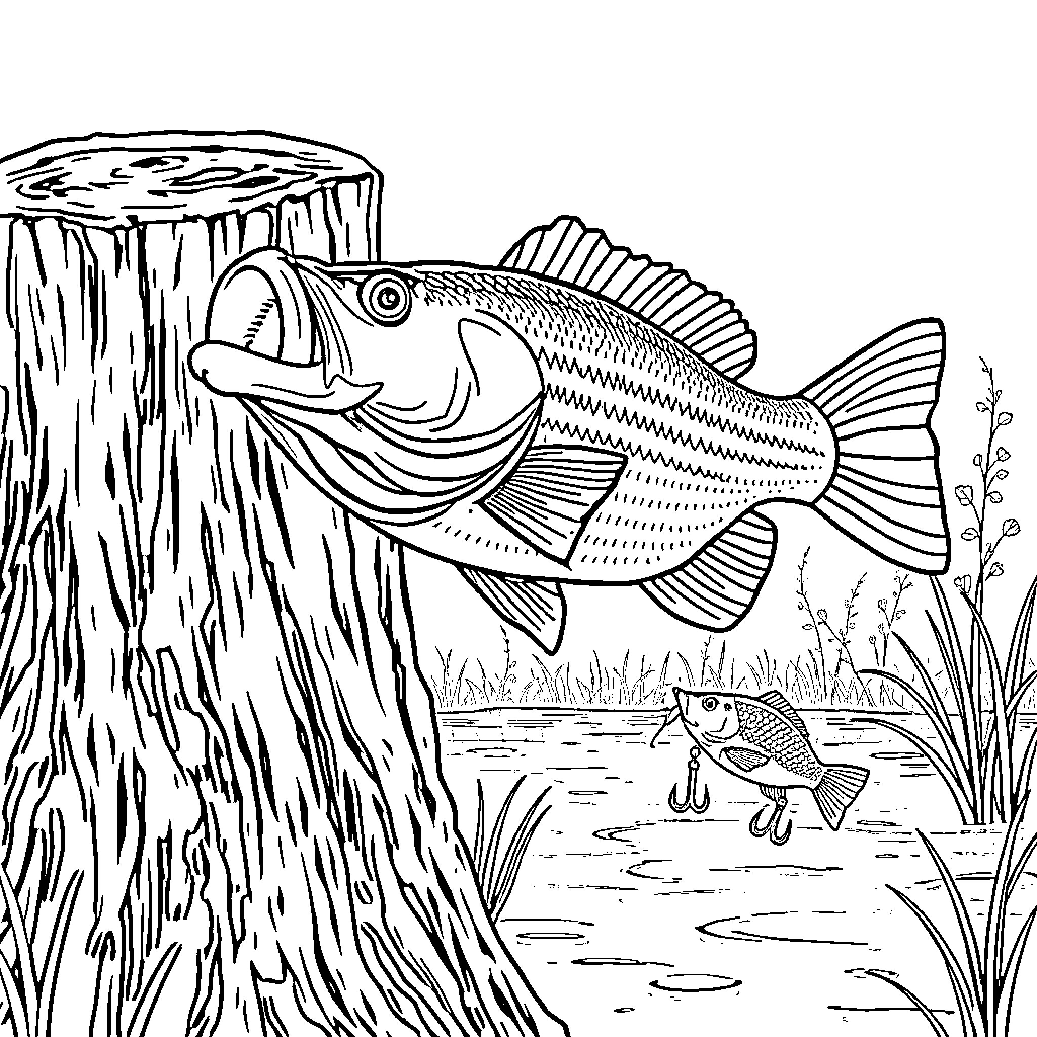 Bass swimming near tree stump in pond Coloring Page (free black-and-white line drawing printable PDF for all, from beginners to advanced learners, including children, teens, adults, and seniors)