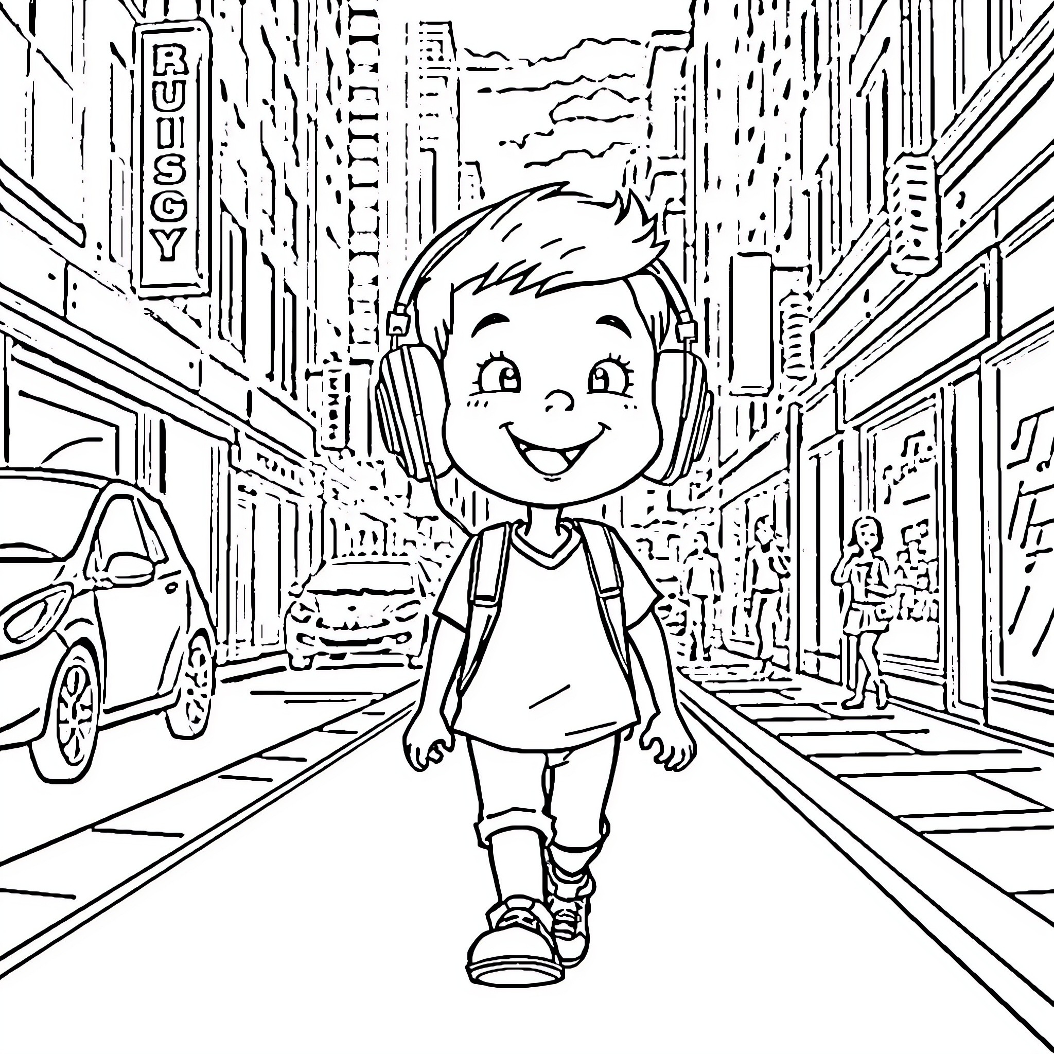 Kid Happily Exploring the City Streets Coloring Page (free black-and-white line drawing printable PDF for all, from beginners to advanced learners, including children, teens, adults, and seniors)
