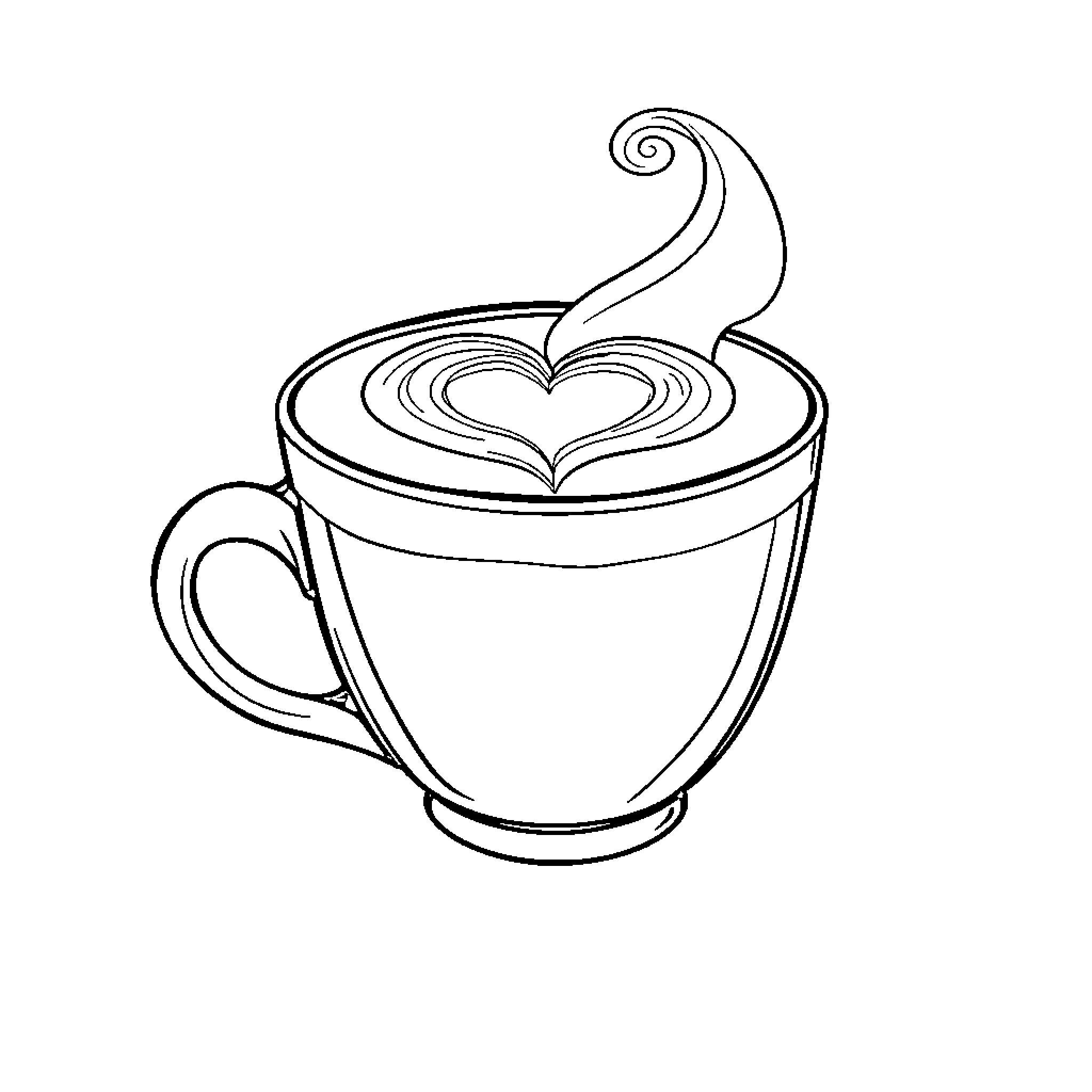 Coffee with Heart-Shaped Latte Art Coloring Page (free black-and-white line drawing printable PDF for all, from beginners to advanced learners, including children, teens, adults, and seniors)