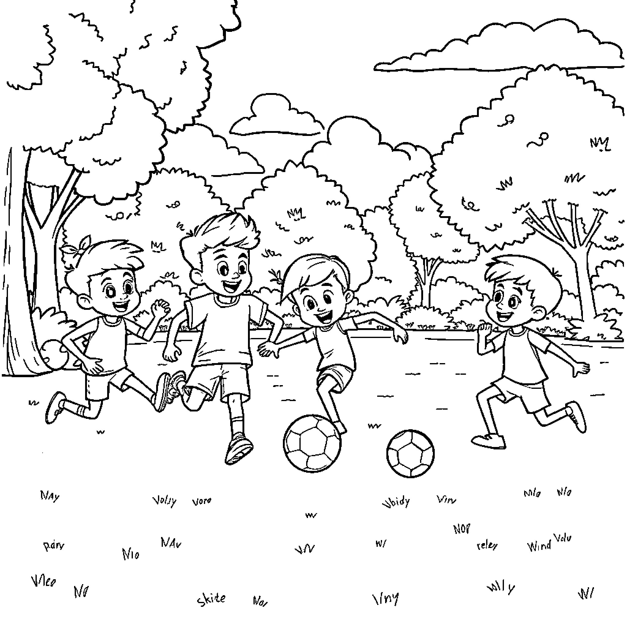 Bluey and friends playing soccer in the park Coloring Page (free black-and-white line drawing printable PDF for all, from beginners to advanced learners, including children, teens, adults, and seniors)