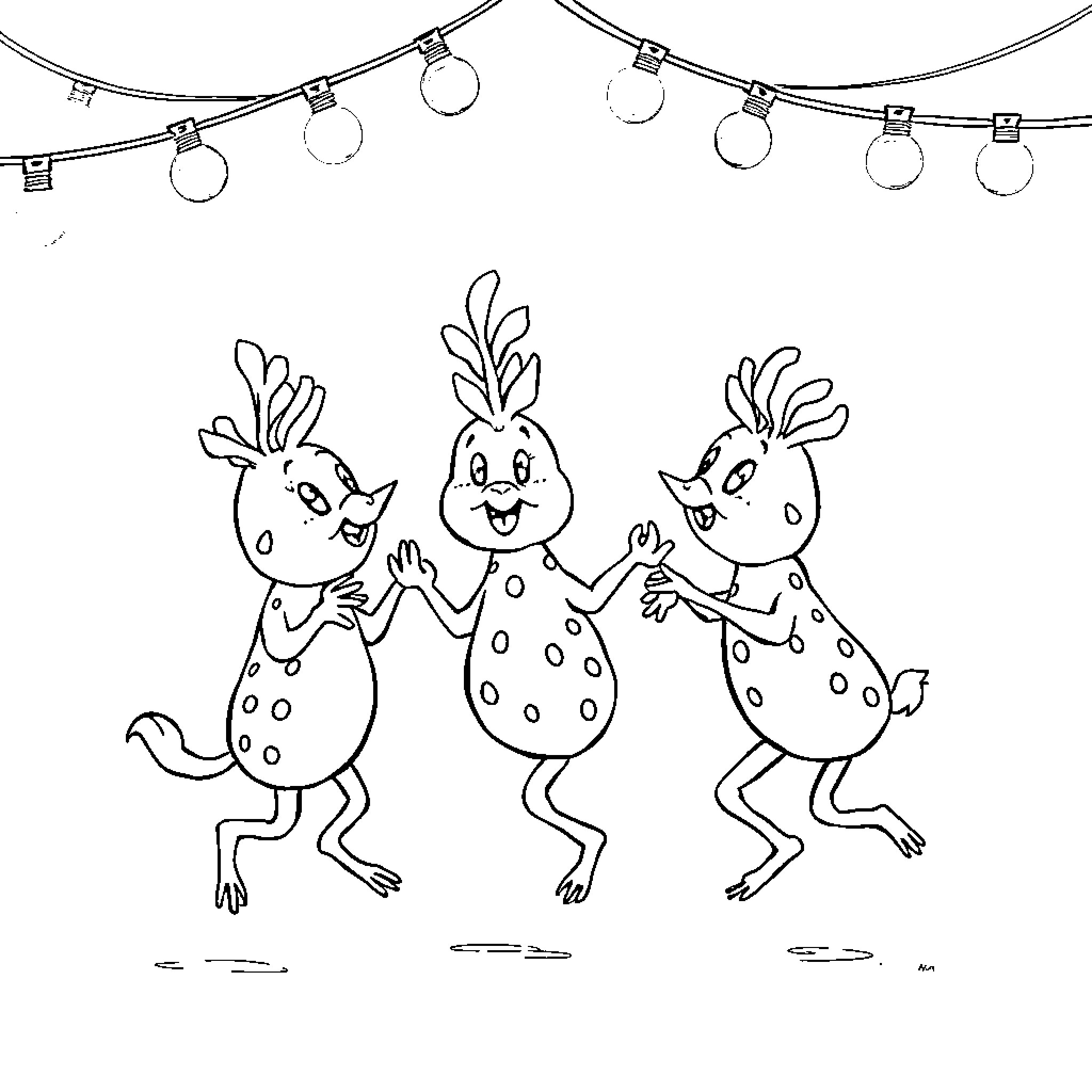Sprunkie creatures dancing under string lights Coloring Page (free black-and-white line drawing printable PDF for all, from beginners to advanced learners, including children, teens, adults, and seniors)