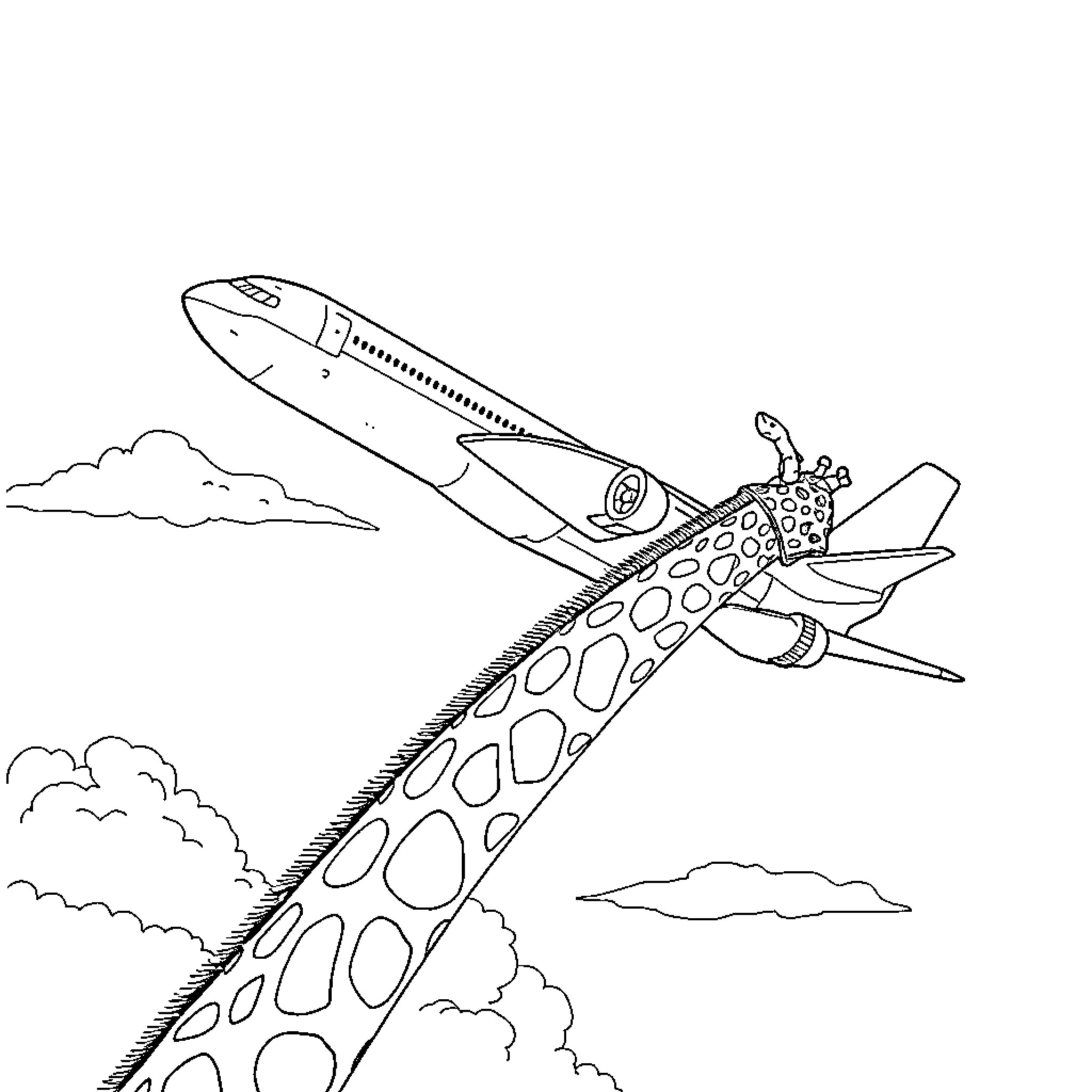 Airplane taking off with a spotted creature Coloring Page (free black-and-white line drawing printable PDF for all, from beginners to advanced learners, including children, teens, adults, and seniors)