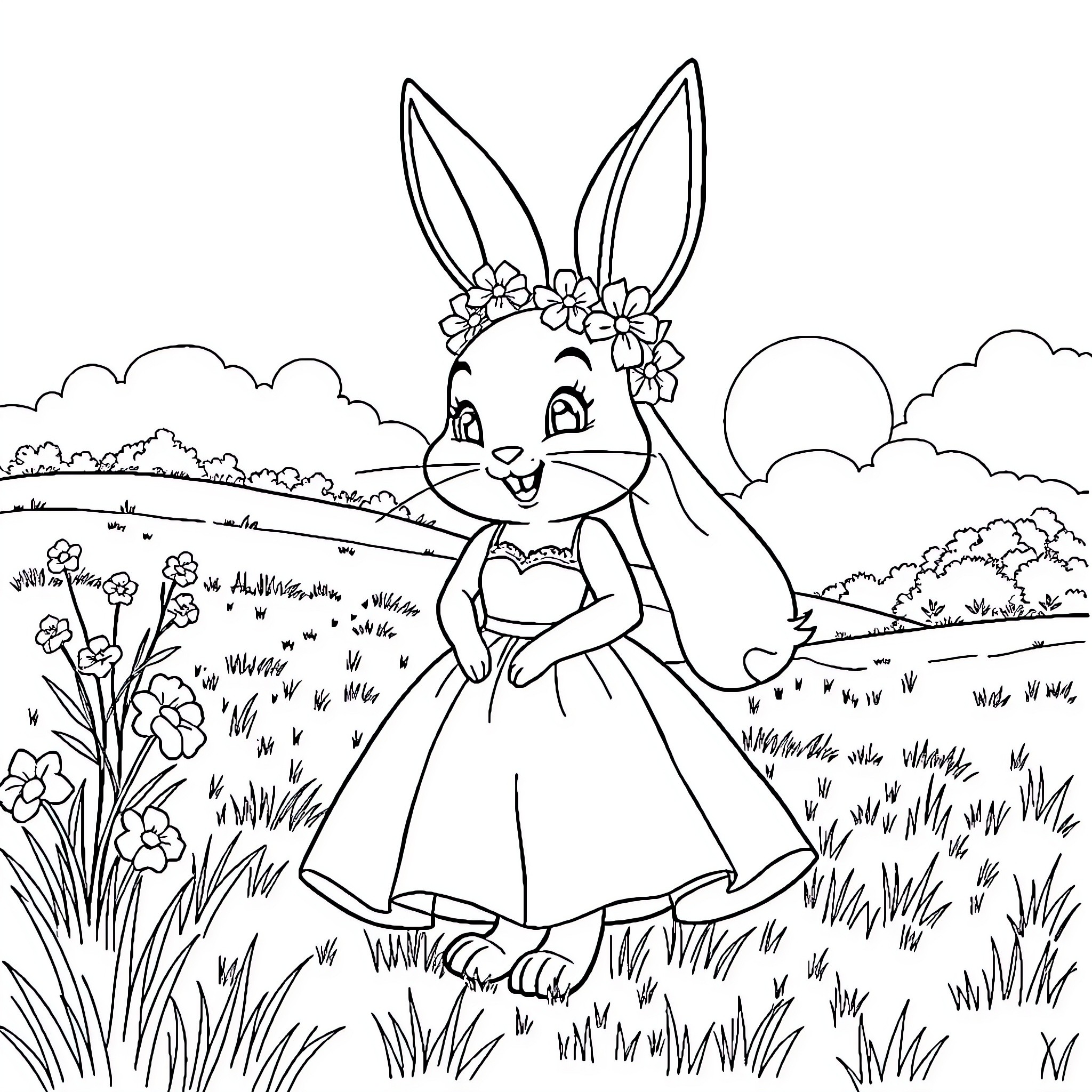 Lola Bunny enjoying a flower-filled meadow Coloring Page (free black-and-white line drawing printable PDF for all, from beginners to advanced learners, including children, teens, adults, and seniors)