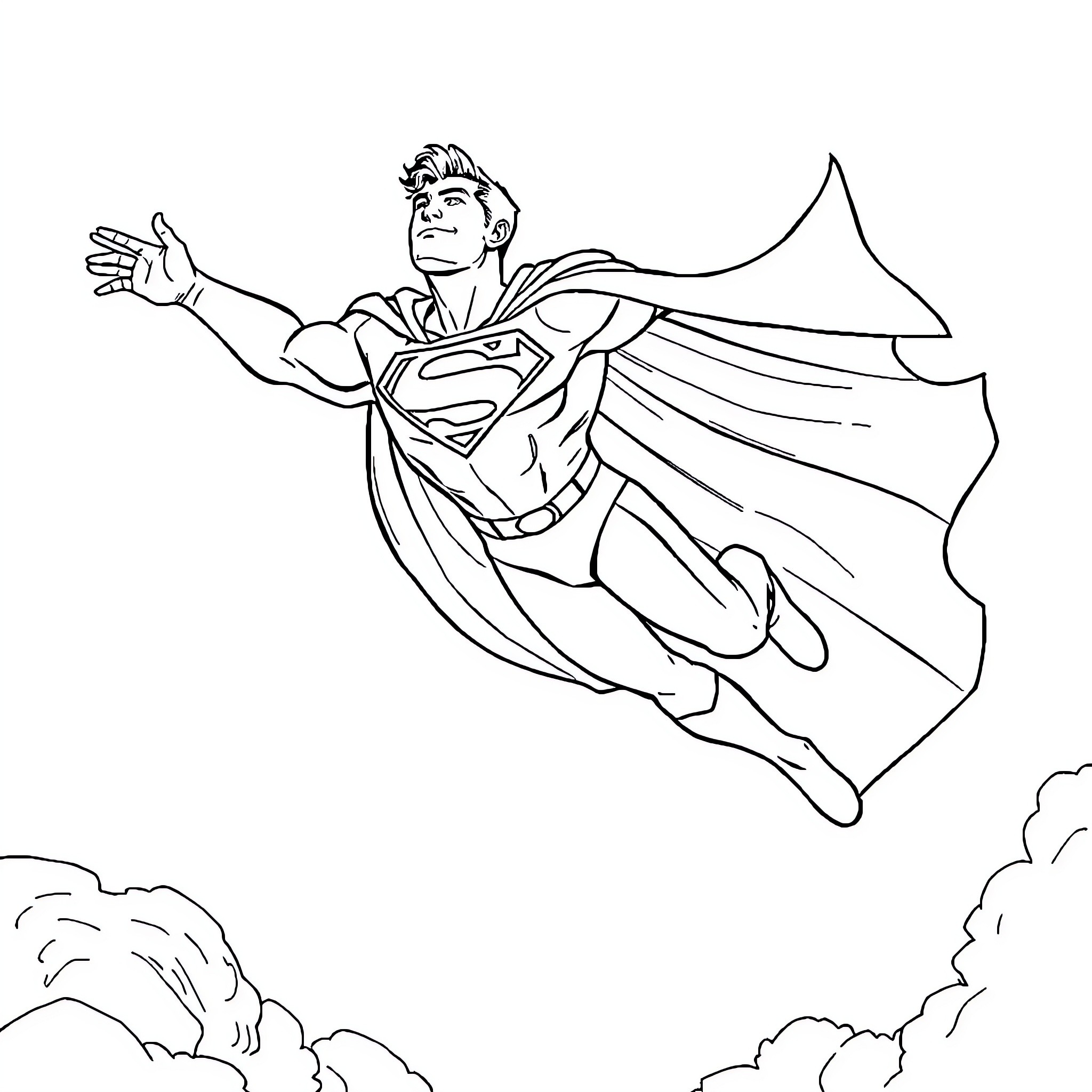 Superman soaring heroically through the clouds Coloring Page (free black-and-white line drawing printable PDF for all, from beginners to advanced learners, including children, teens, adults, and seniors)