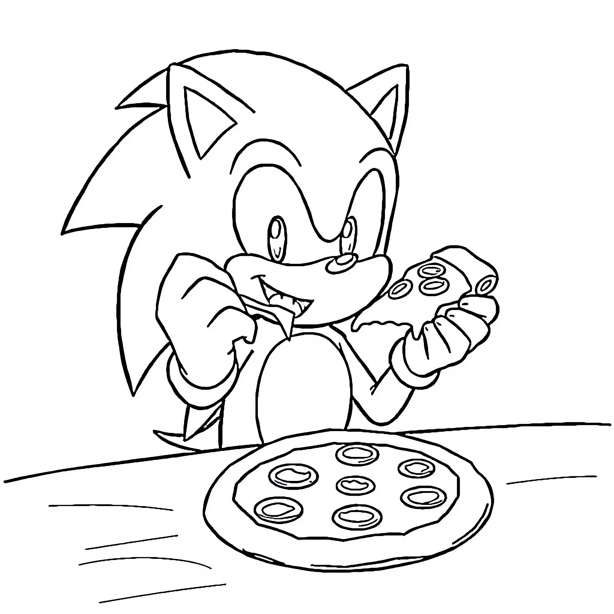 Sonic enjoying a delicious pizza Coloring Page (free black-and-white line drawing printable PDF for all, from beginners to advanced learners, including children, teens, adults, and seniors)