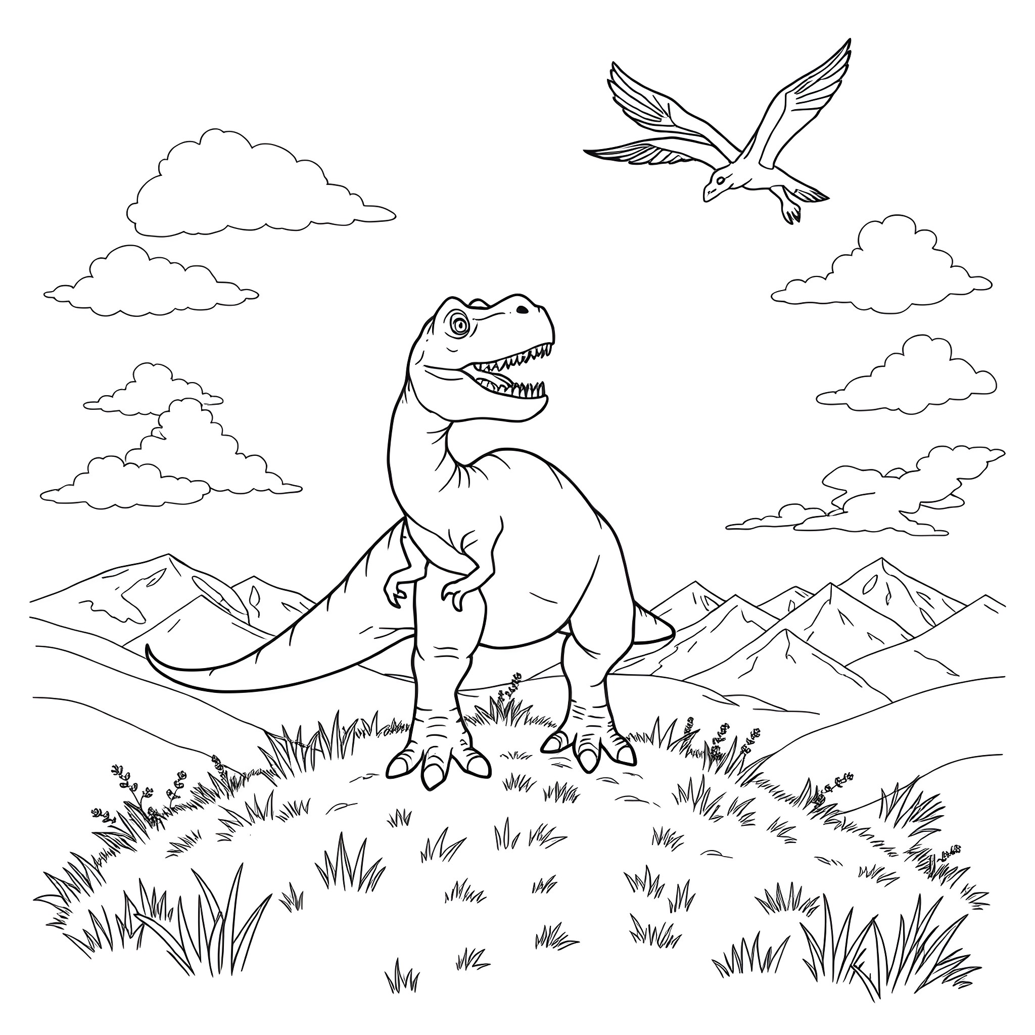 Tyrannosaurus Rex roaming through prehistoric landscape Coloring Page (free black-and-white line drawing printable PDF for all, from beginners to advanced learners, including children, teens, adults, and seniors)
