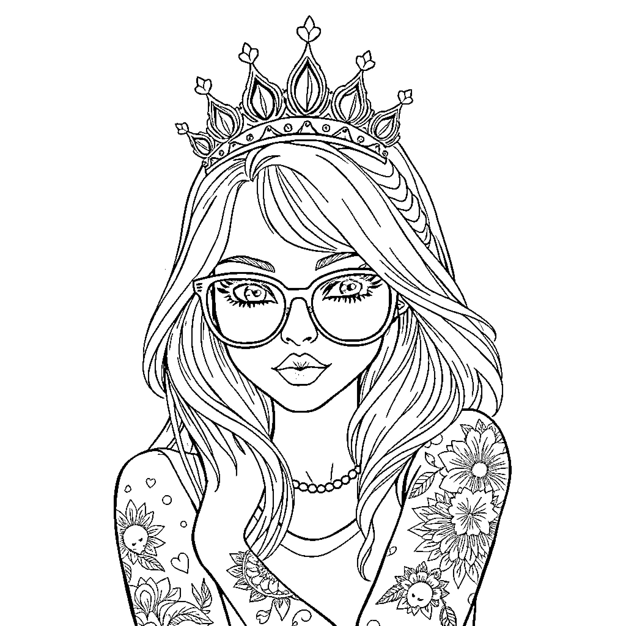Girl with Ornate Crown and Tattoos Coloring Page (free black-and-white line drawing printable PDF for all, from beginners to advanced learners, including children, teens, adults, and seniors)