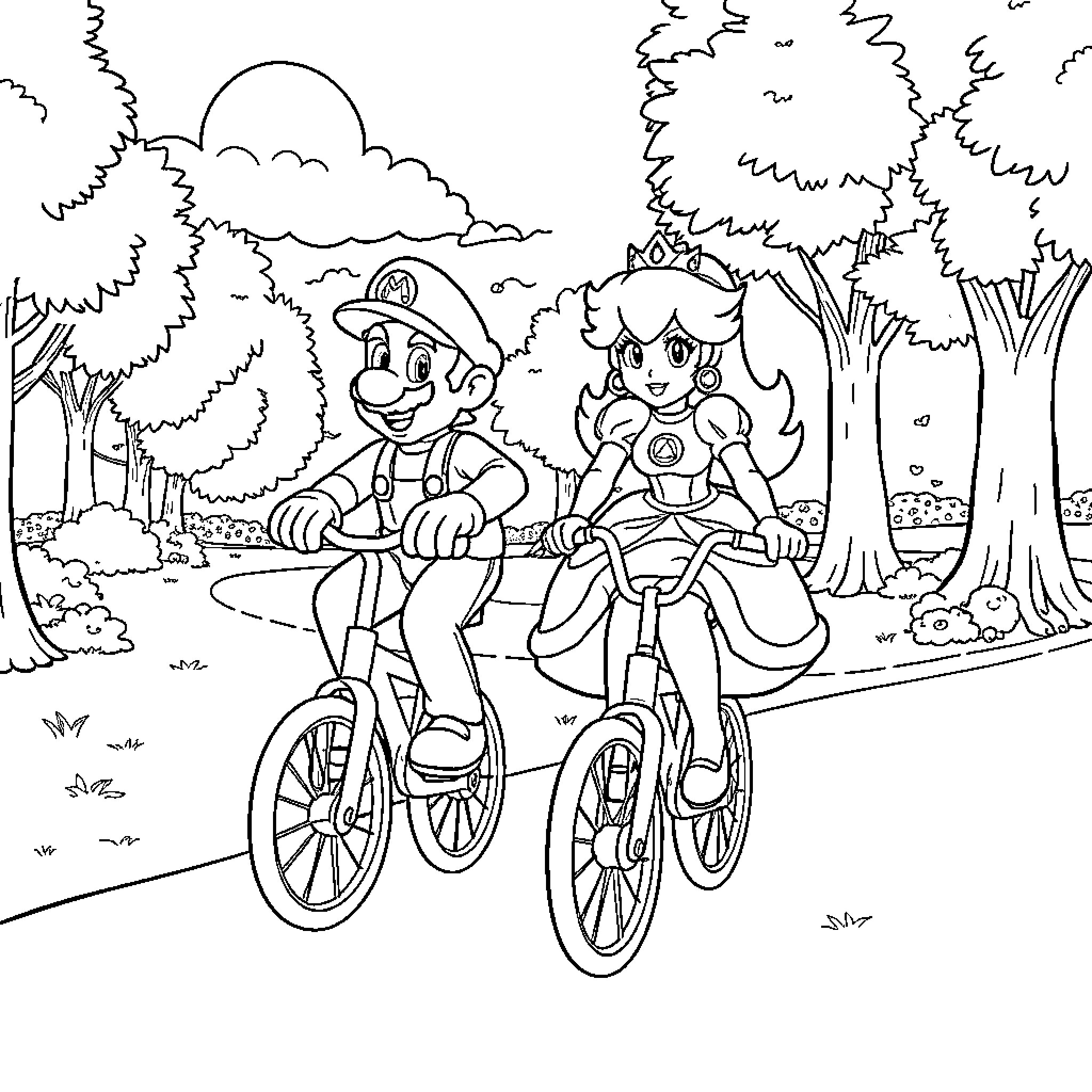 Princess Peach and Mario Bike Together in Peaceful Forest Coloring Page (free black-and-white line drawing printable PDF for all, from beginners to advanced learners, including children, teens, adults, and seniors)