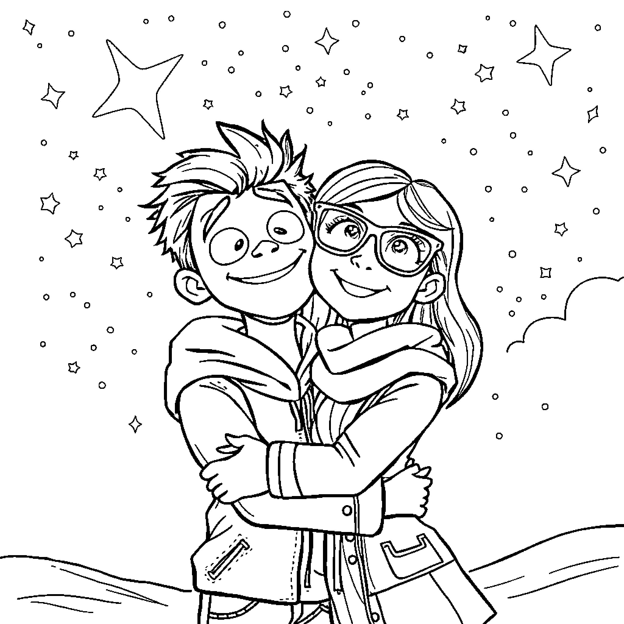Bad Boy and Nerd Girl Embrace Under the Stars Coloring Page (free black-and-white line drawing printable PDF for all, from beginners to advanced learners, including children, teens, adults, and seniors)