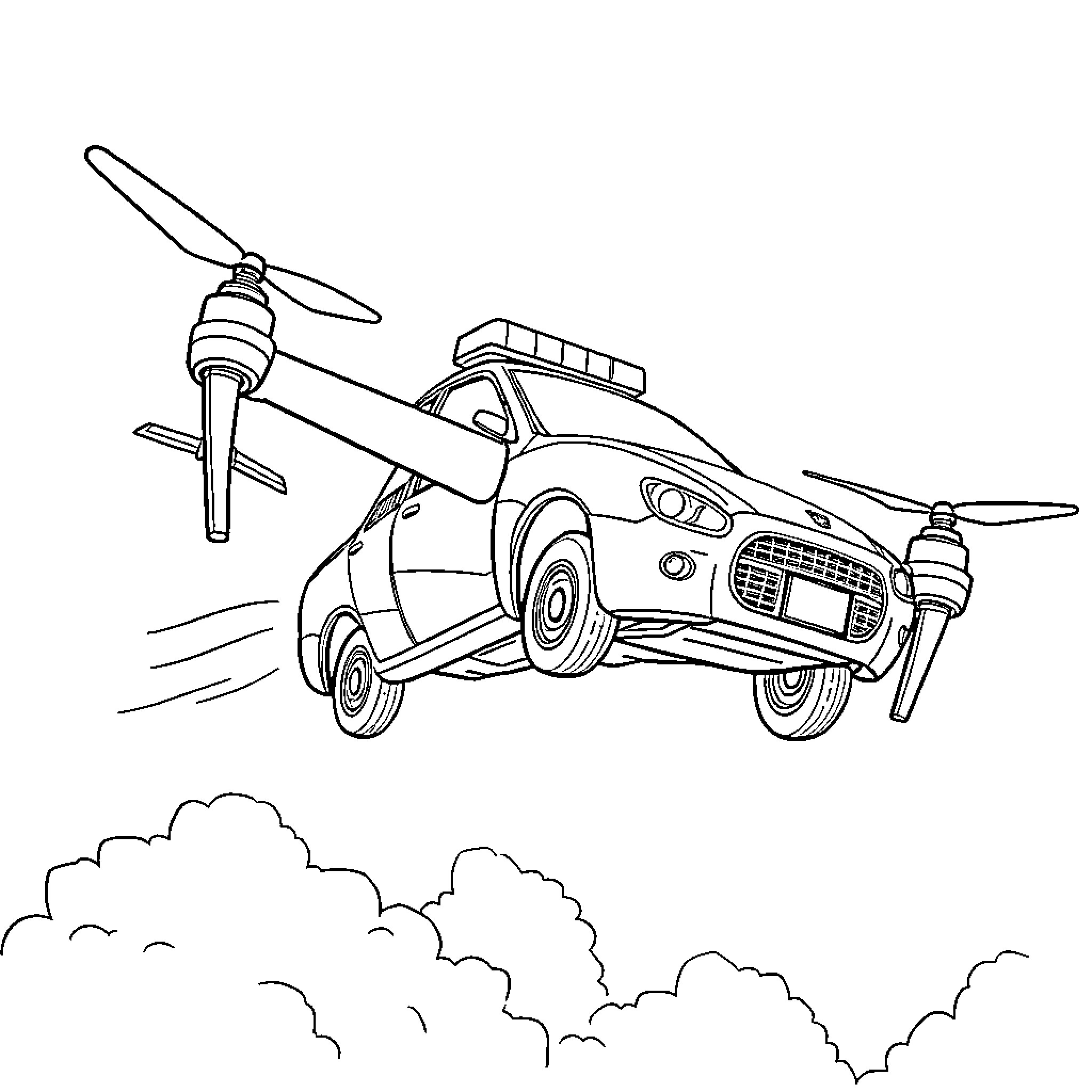Drone vehicle flying above the clouds Coloring Page (free black-and-white line drawing printable PDF for all, from beginners to advanced learners, including children, teens, adults, and seniors)
