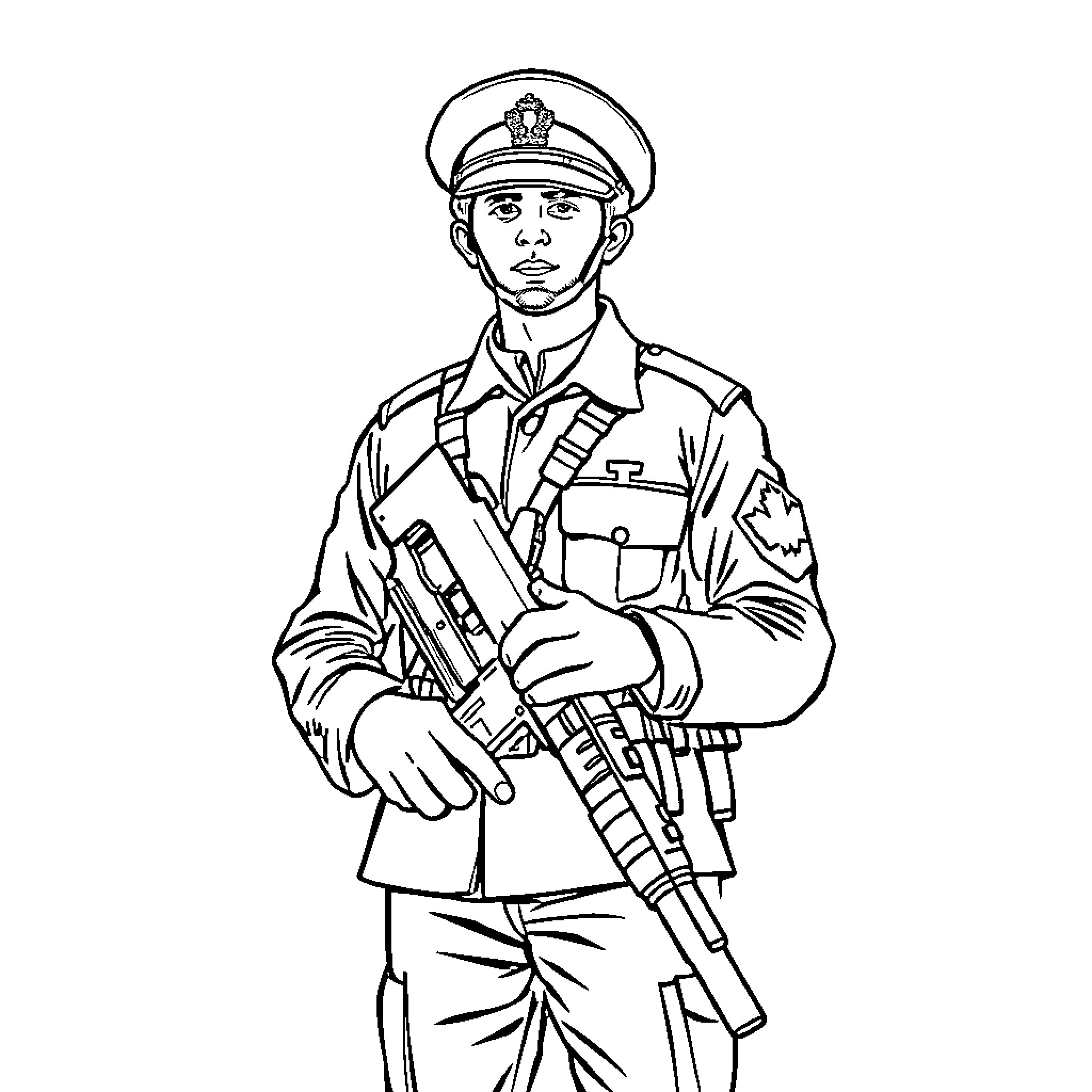 Soldier standing at attention with rifle Coloring Page (free black-and-white line drawing printable PDF for all, from beginners to advanced learners, including children, teens, adults, and seniors)