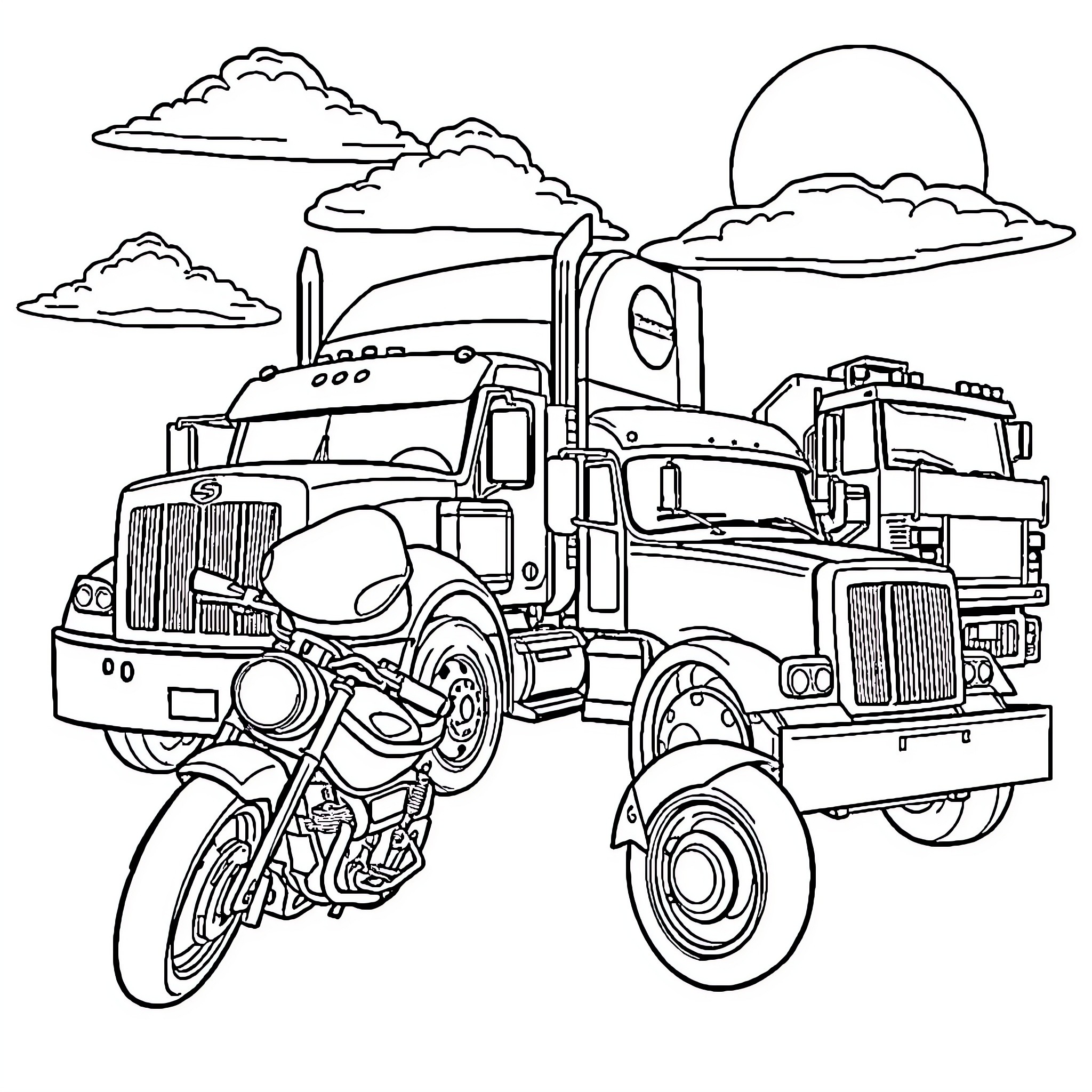 Vehicle transporting motorcycles on rural highway Coloring Page (free black-and-white line drawing printable PDF for all, from beginners to advanced learners, including children, teens, adults, and seniors)