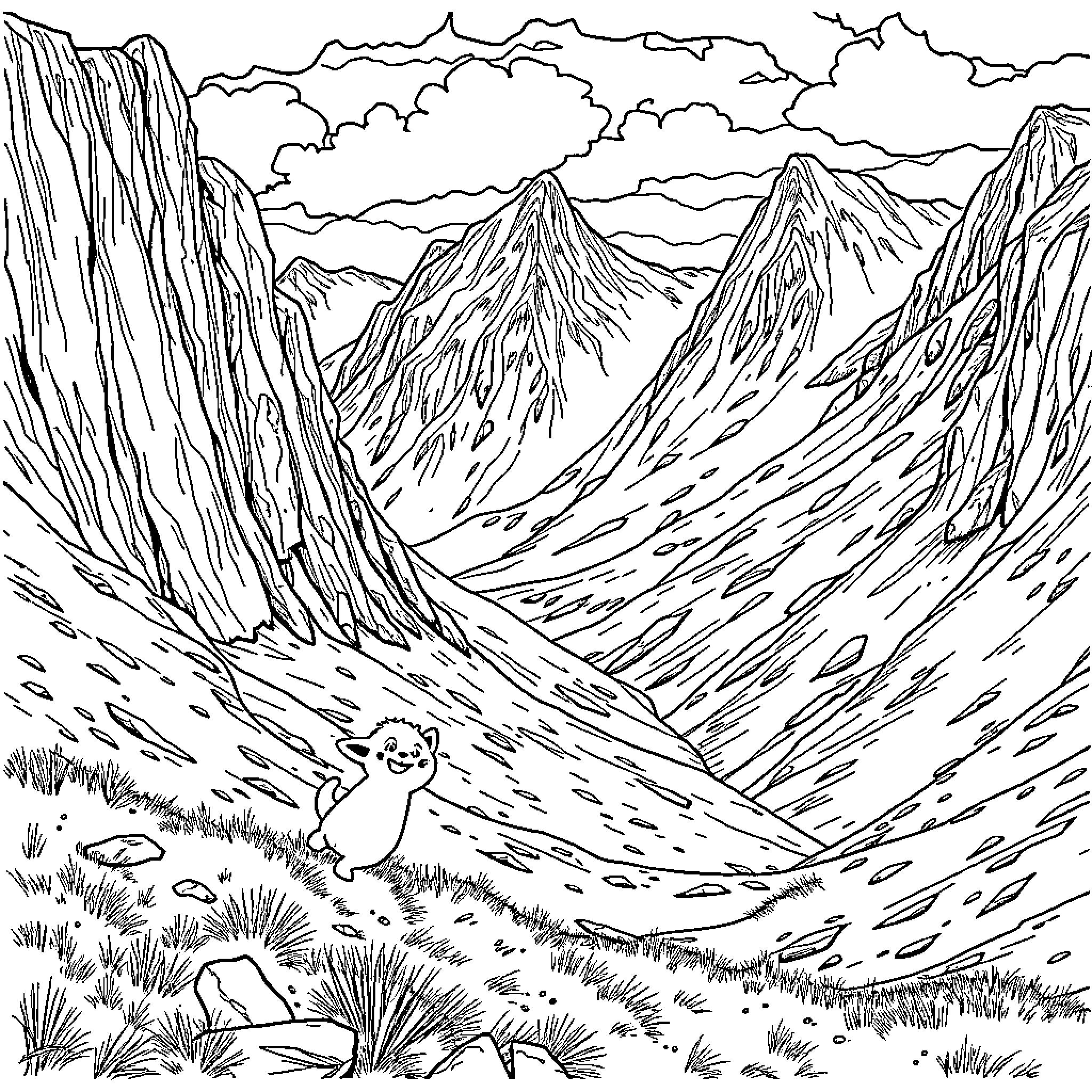 Labubu's Mountain Adventure Coloring Page (free black-and-white line drawing printable PDF for all, from beginners to advanced learners, including children, teens, adults, and seniors)