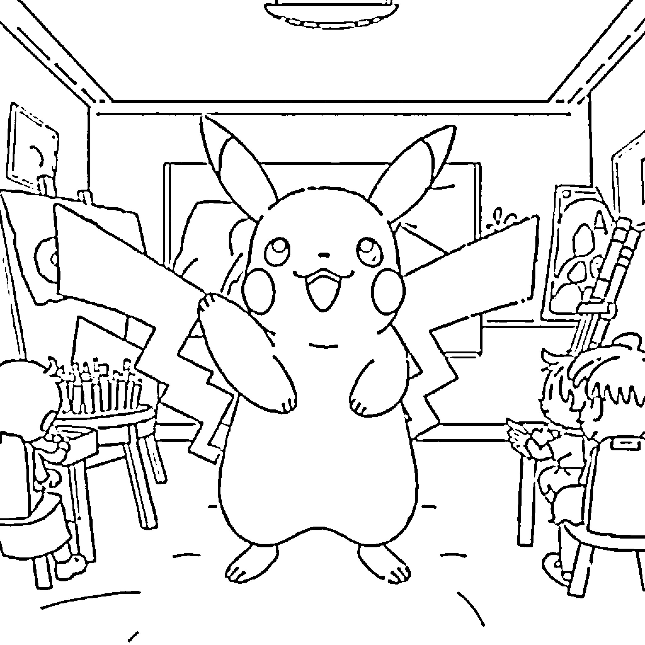 Pikachu exploring a cluttered room Coloring Page (free black-and-white line drawing printable PDF for all, from beginners to advanced learners, including children, teens, adults, and seniors)