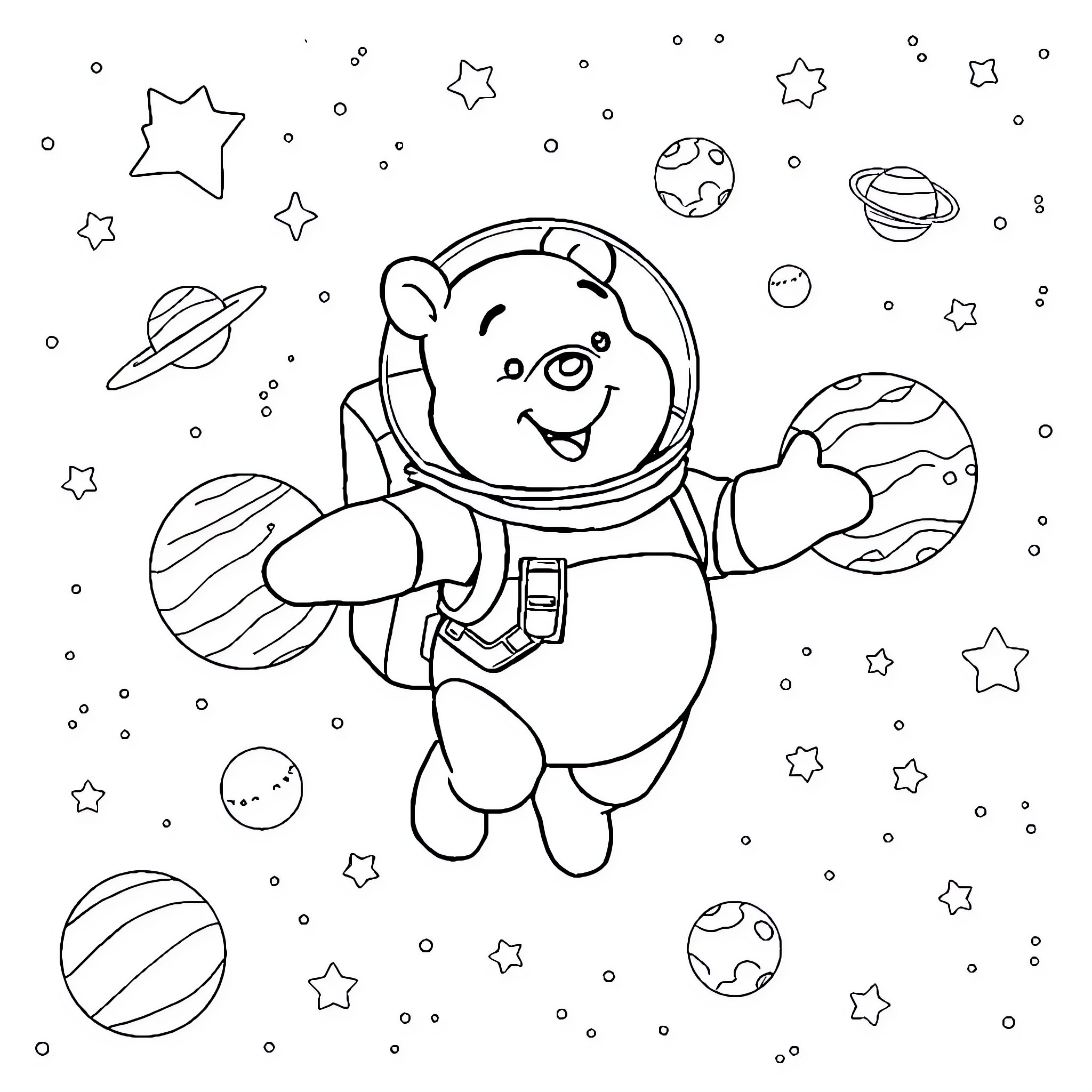 Winnie The Pooh exploring the galaxy Coloring Page (free black-and-white line drawing printable PDF for all, from beginners to advanced learners, including children, teens, adults, and seniors)
