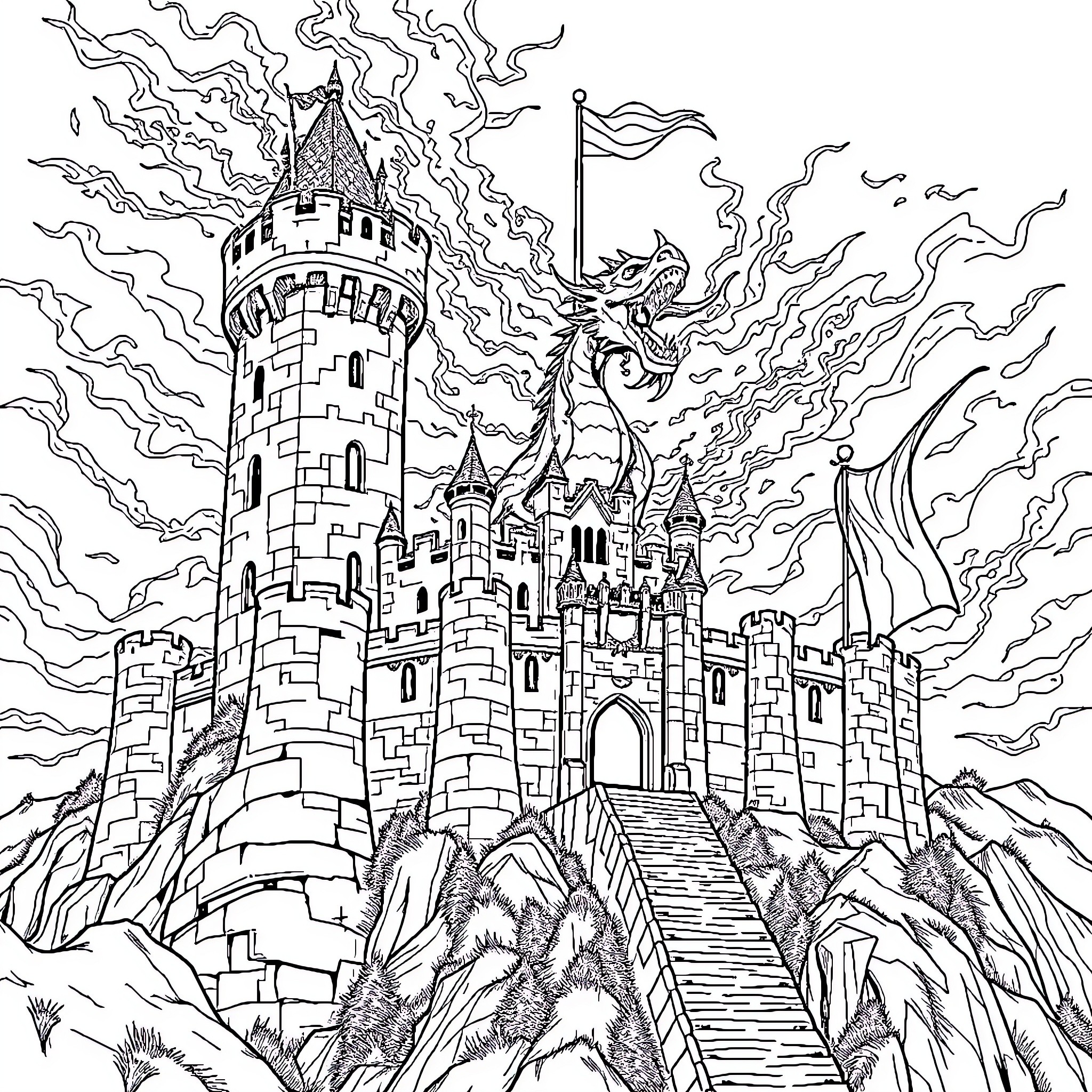 Dragon Castle with Dramatic Landscape Coloring Page (free black-and-white line drawing printable PDF for all, from beginners to advanced learners, including children, teens, adults, and seniors)