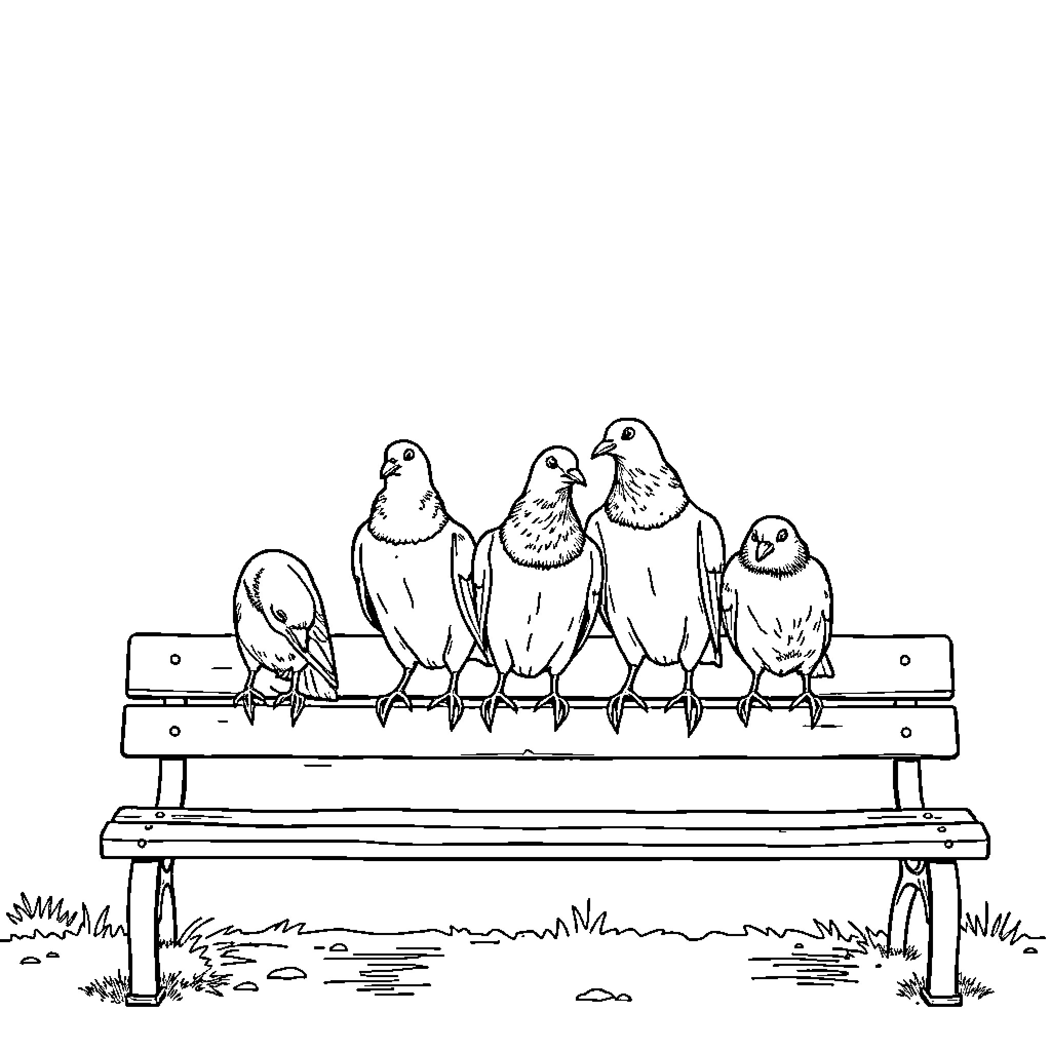 Pigeons perched together on a wooden bench Coloring Page (free black-and-white line drawing printable PDF for all, from beginners to advanced learners, including children, teens, adults, and seniors)