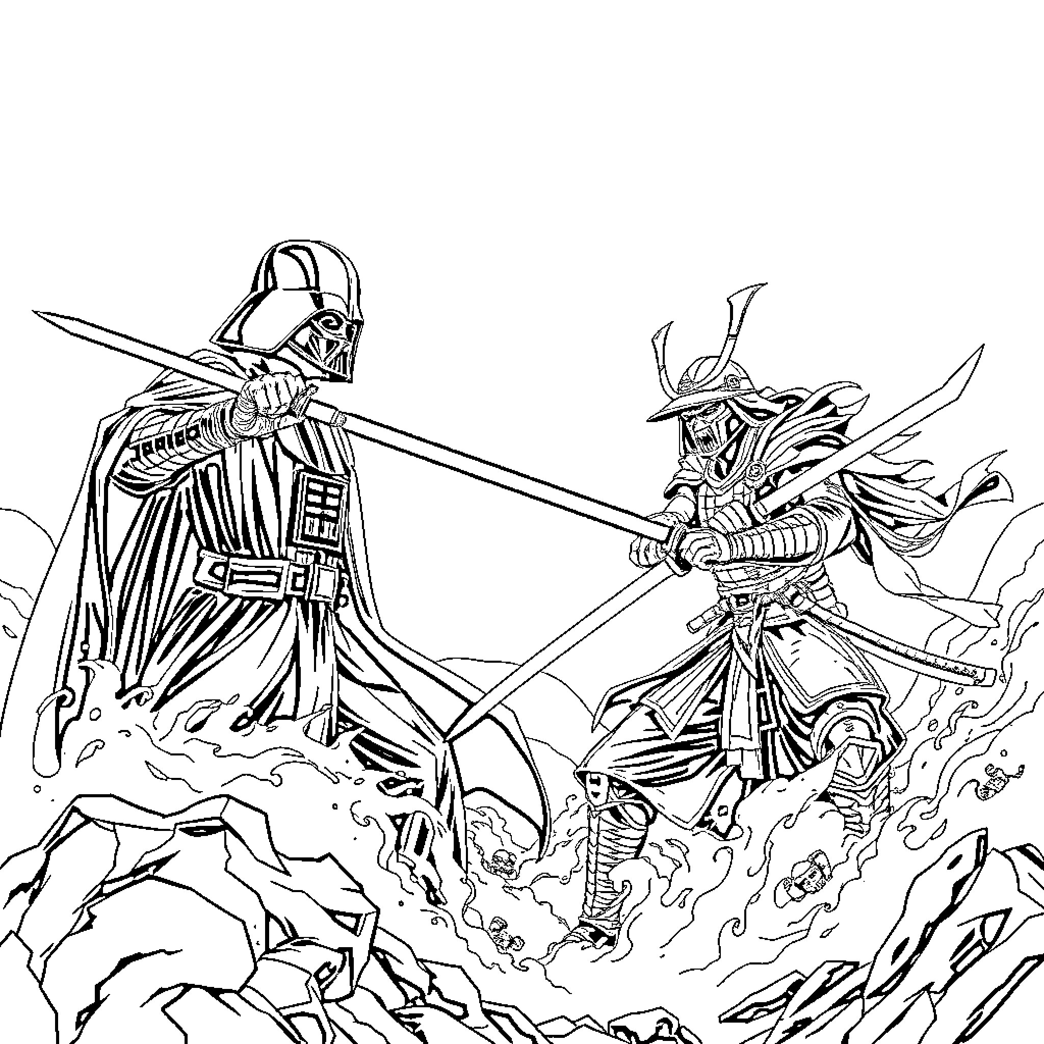 Darth Vader and a Samurai-inspired Villain in Battle Coloring Page (free black-and-white line drawing printable PDF for all, from beginners to advanced learners, including children, teens, adults, and seniors)