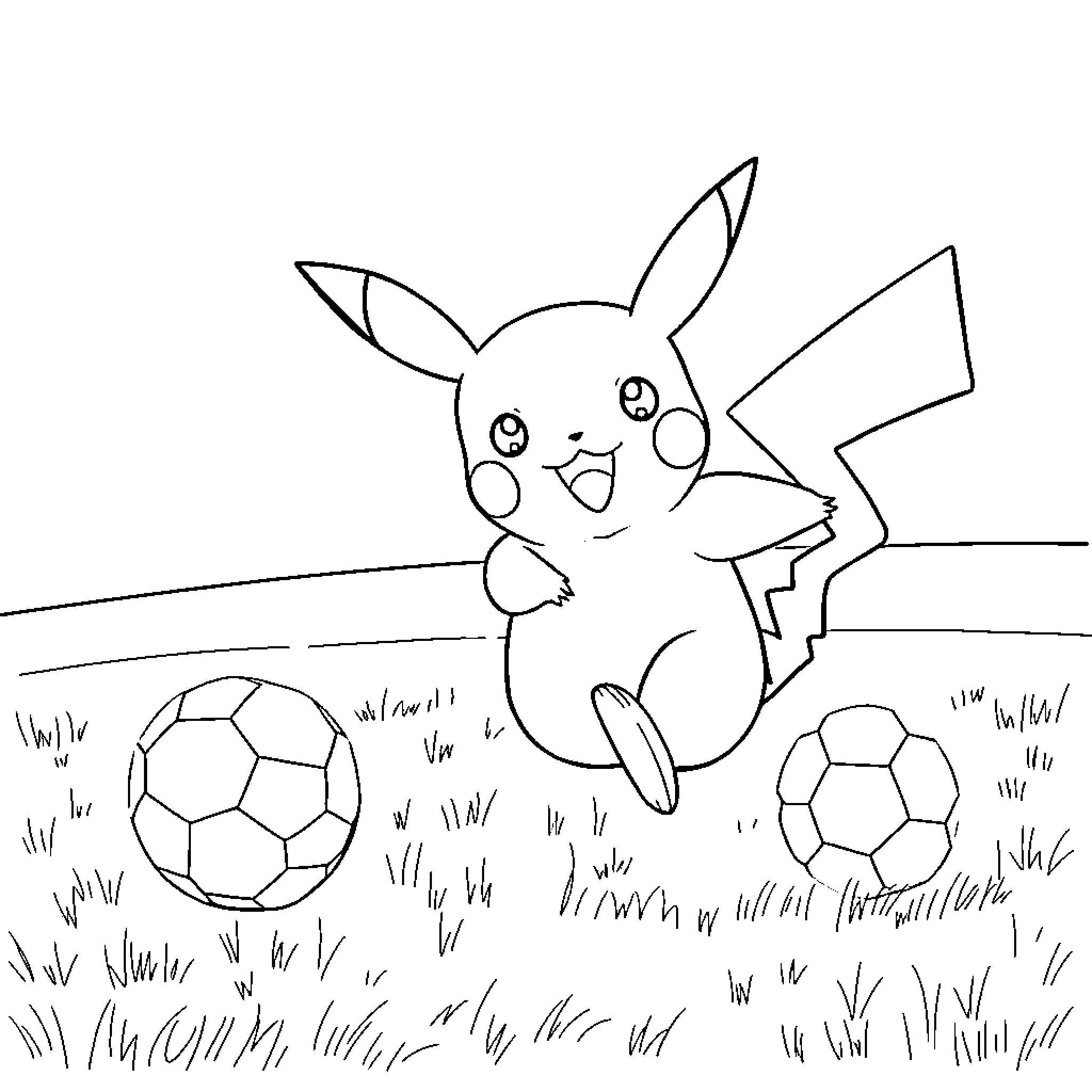 Pikachu playing with soccer balls on the grass Coloring Page (free black-and-white line drawing printable PDF for all, from beginners to advanced learners, including children, teens, adults, and seniors)