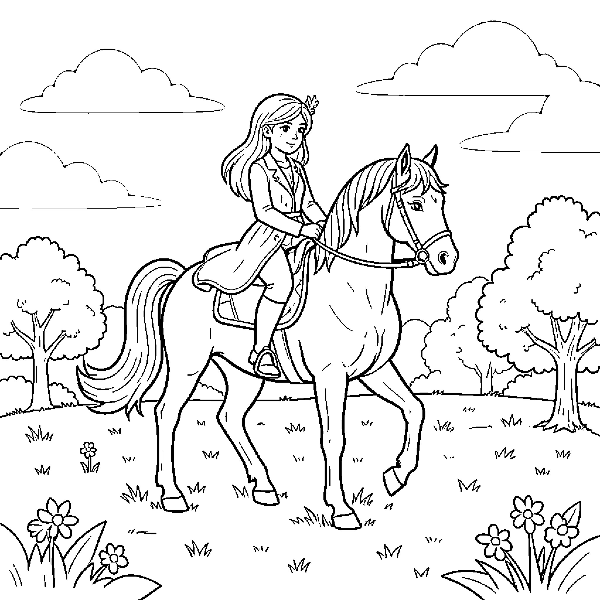 Panther Riding Beautiful Horse in Serene Landscape Coloring Page (free black-and-white line drawing printable PDF for all, from beginners to advanced learners, including children, teens, adults, and seniors)