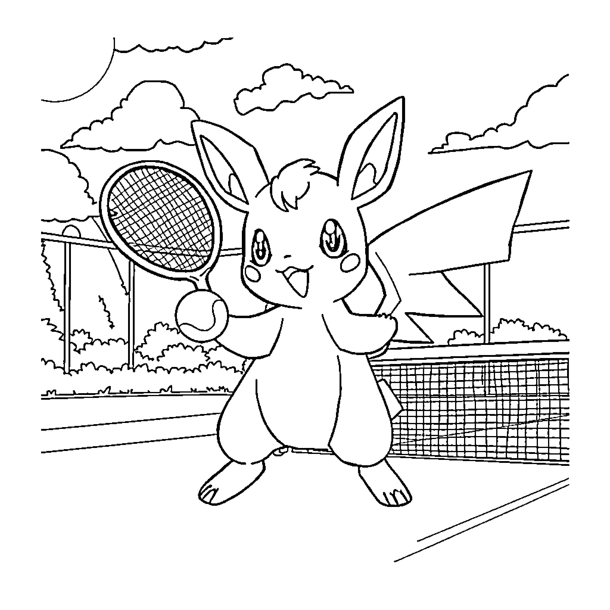 Pokémon playing tennis on the court Coloring Page (free black-and-white line drawing printable PDF for all, from beginners to advanced learners, including children, teens, adults, and seniors)