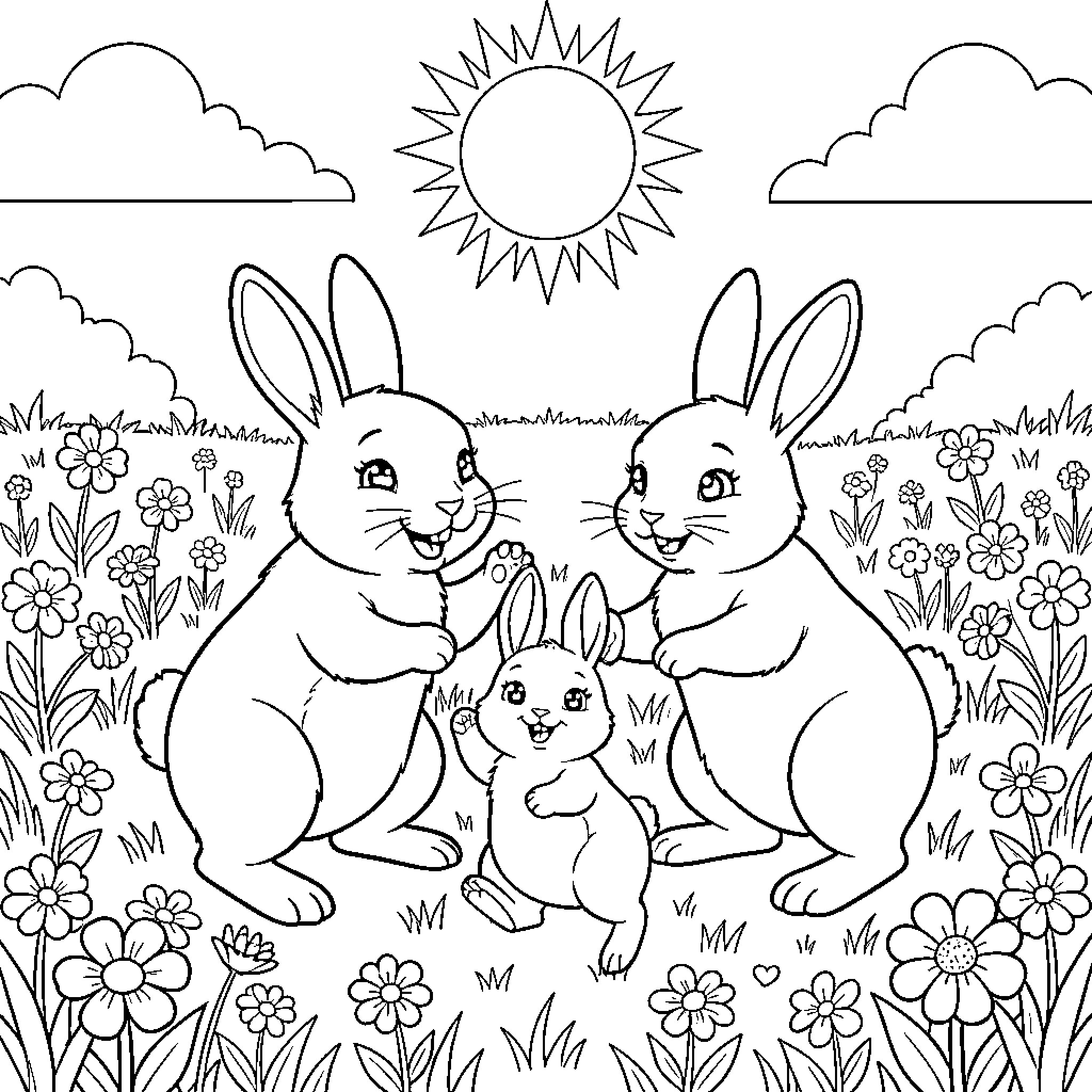 Rabbit family playing joyfully in a sunny flower field Coloring Page (free black-and-white line drawing printable PDF for all, from beginners to advanced learners, including children, teens, adults, and seniors)