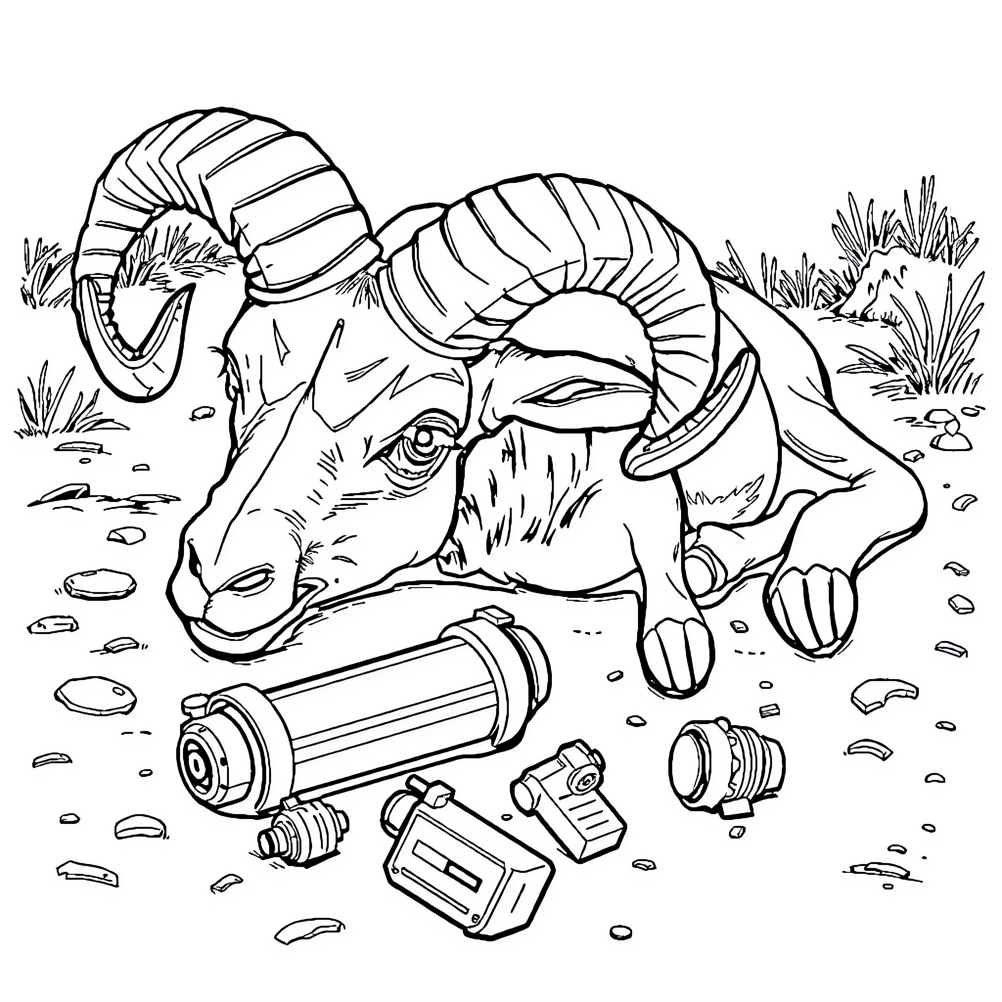 Ram wandering amidst scattered tools and rocks Coloring Page (free black-and-white line drawing printable PDF for all, from beginners to advanced learners, including children, teens, adults, and seniors)