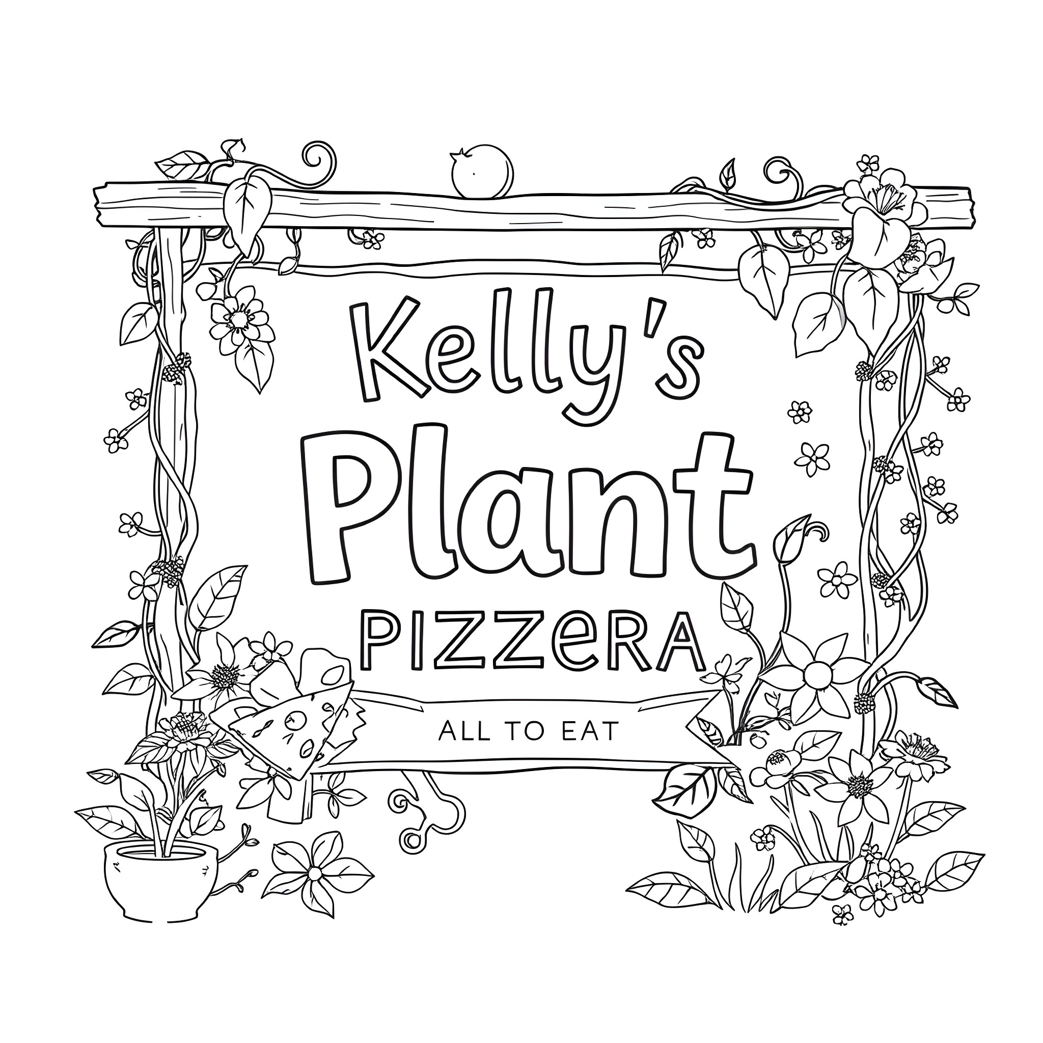 Pizza shop sign with floral frame Coloring Page (free black-and-white line drawing printable PDF for all, from beginners to advanced learners, including children, teens, adults, and seniors)