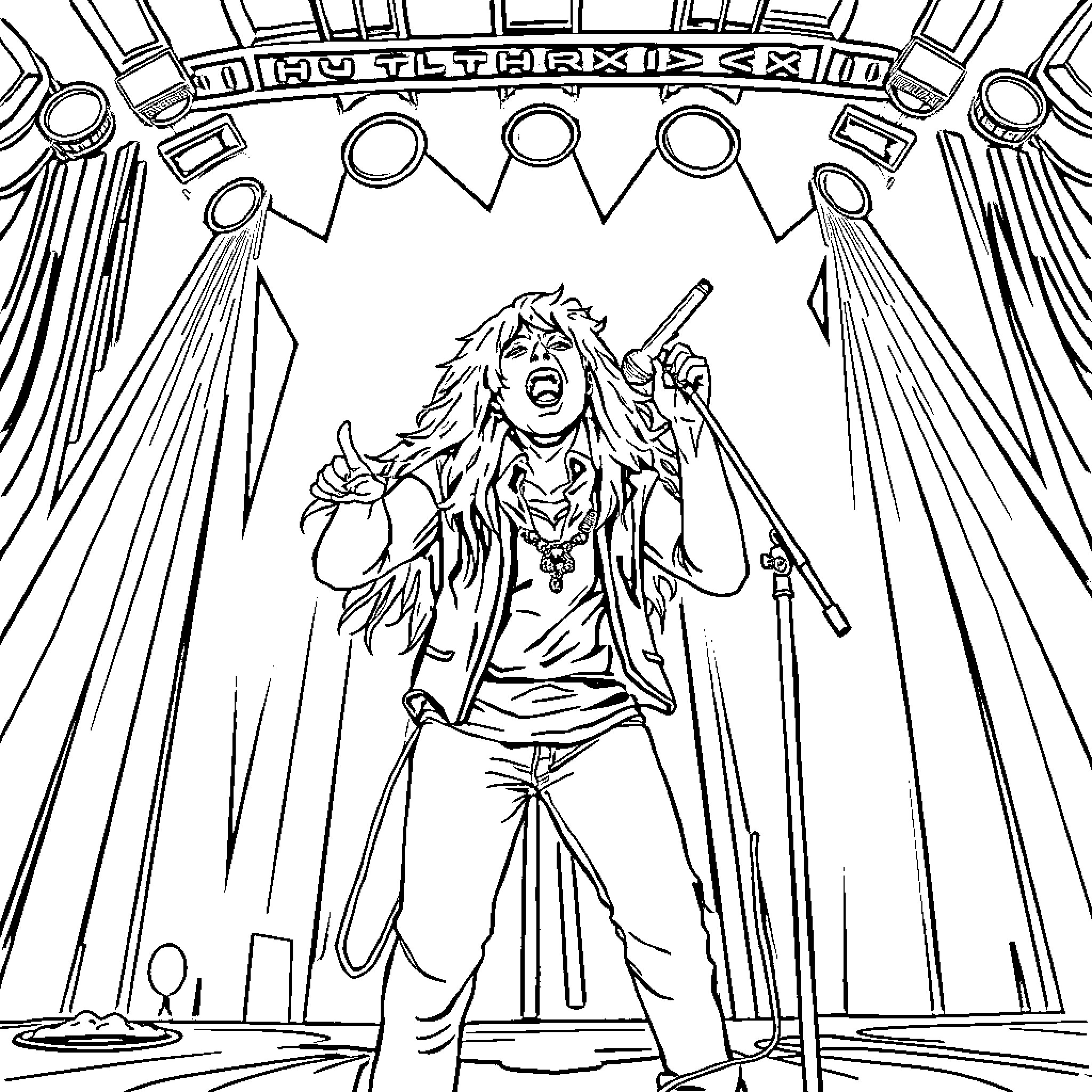 Huntrix Performing Onstage with Passion Coloring Page (free black-and-white line drawing printable PDF for all, from beginners to advanced learners, including children, teens, adults, and seniors)