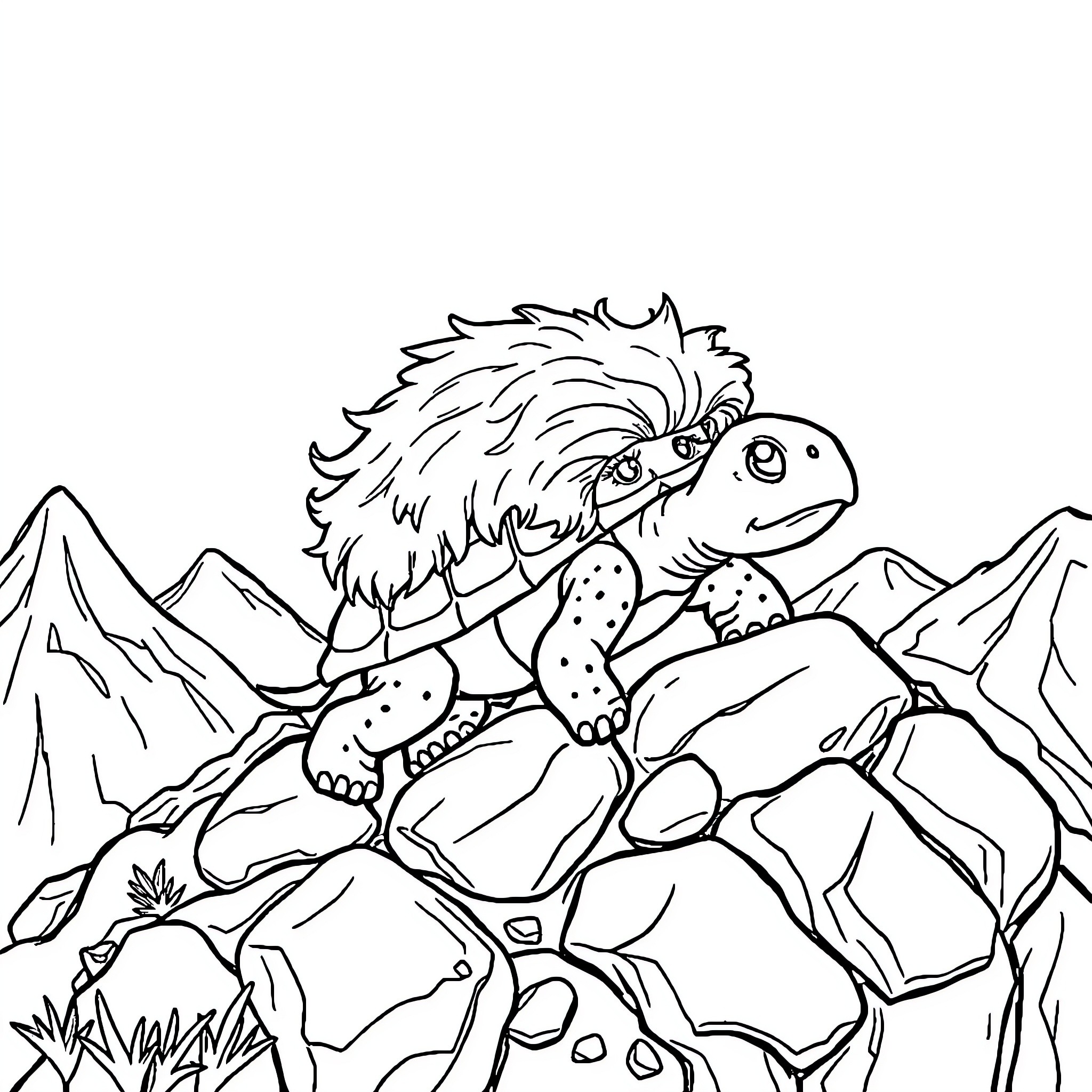 Turtle exploring the rocky mountain landscape Coloring Page (free black-and-white line drawing printable PDF for all, from beginners to advanced learners, including children, teens, adults, and seniors)