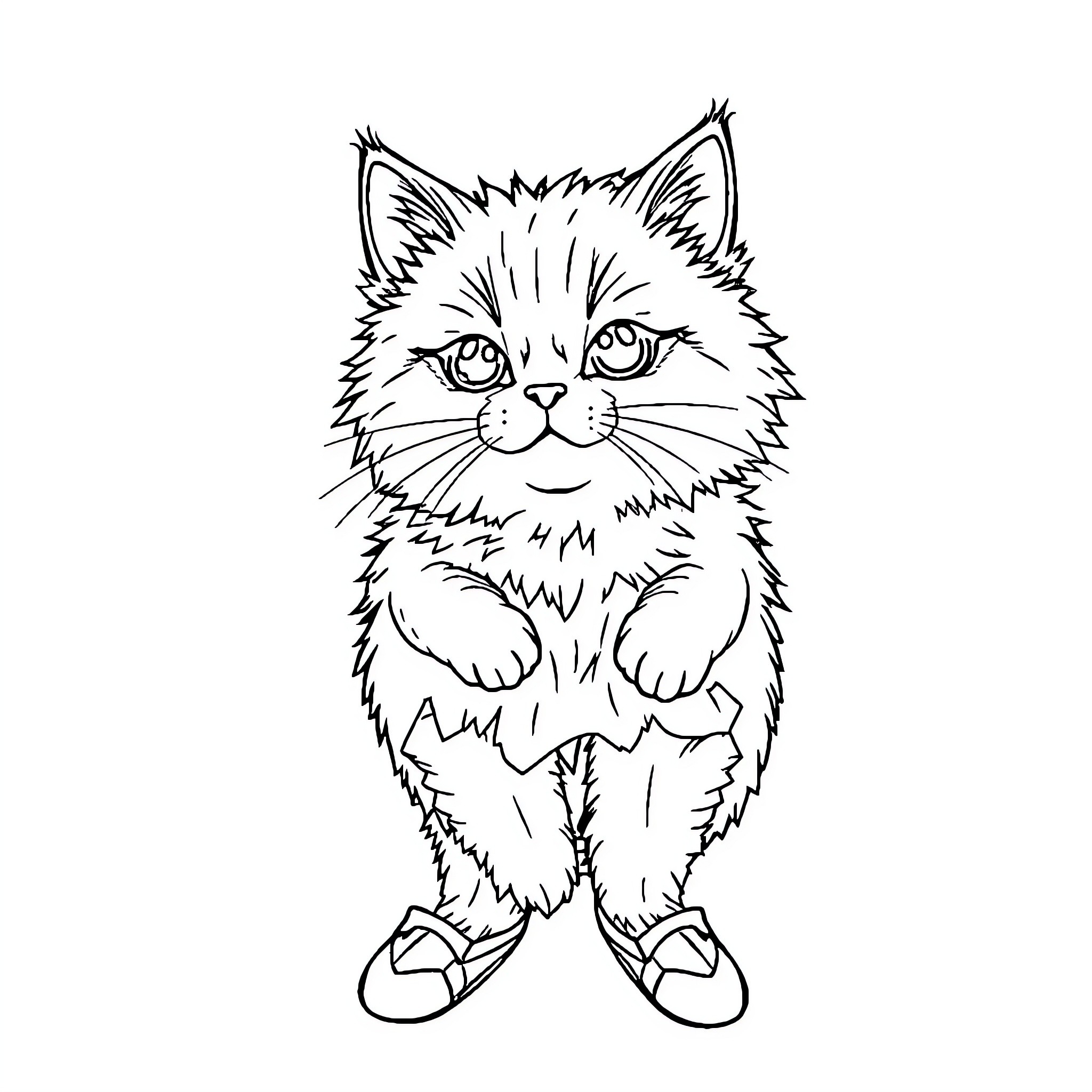 Cat wearing shoes with a curious expression Coloring Page (free black-and-white line drawing printable PDF for all, from beginners to advanced learners, including children, teens, adults, and seniors)