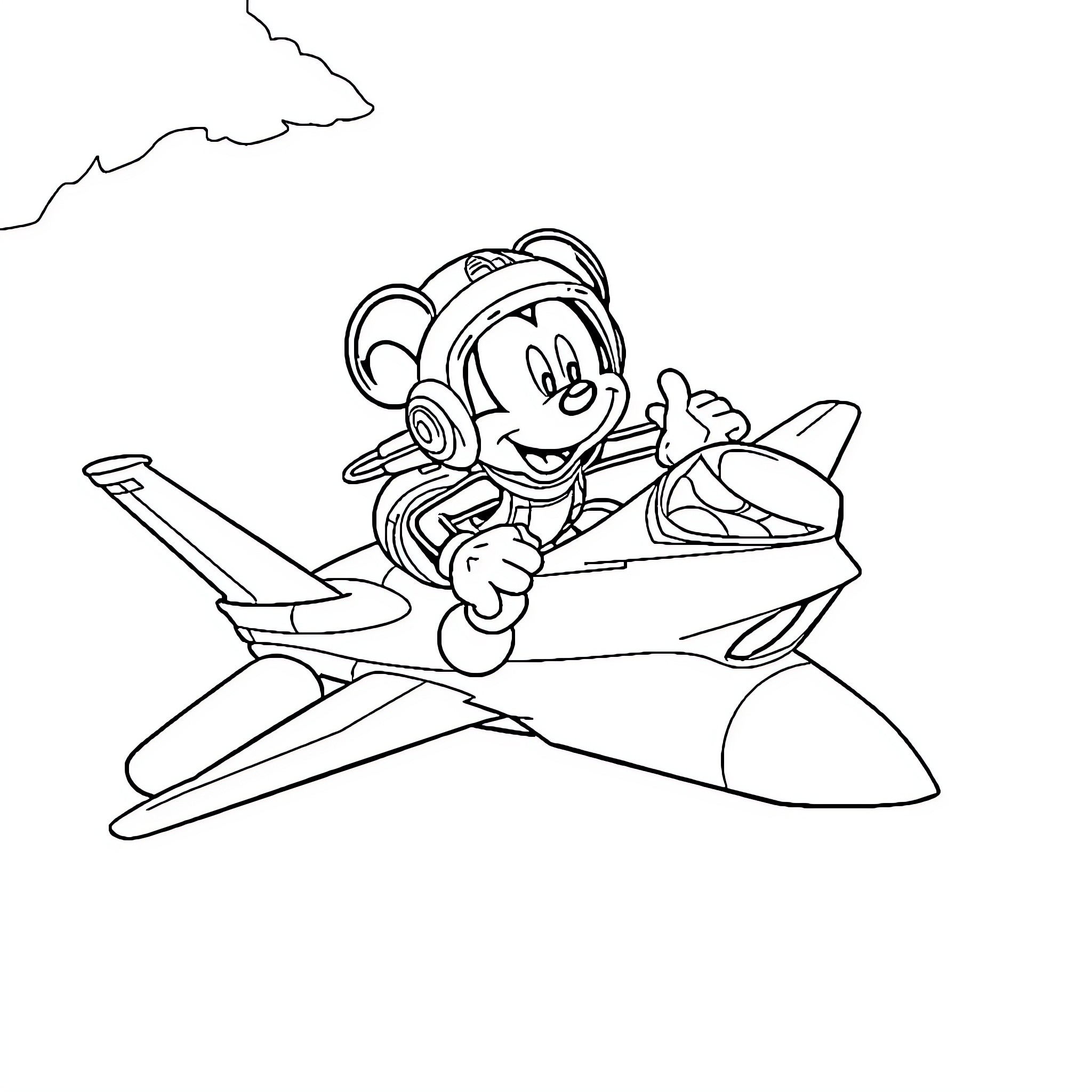 Mickey Mouse piloting a jet plane Coloring Page (free black-and-white line drawing printable PDF for all, from beginners to advanced learners, including children, teens, adults, and seniors)