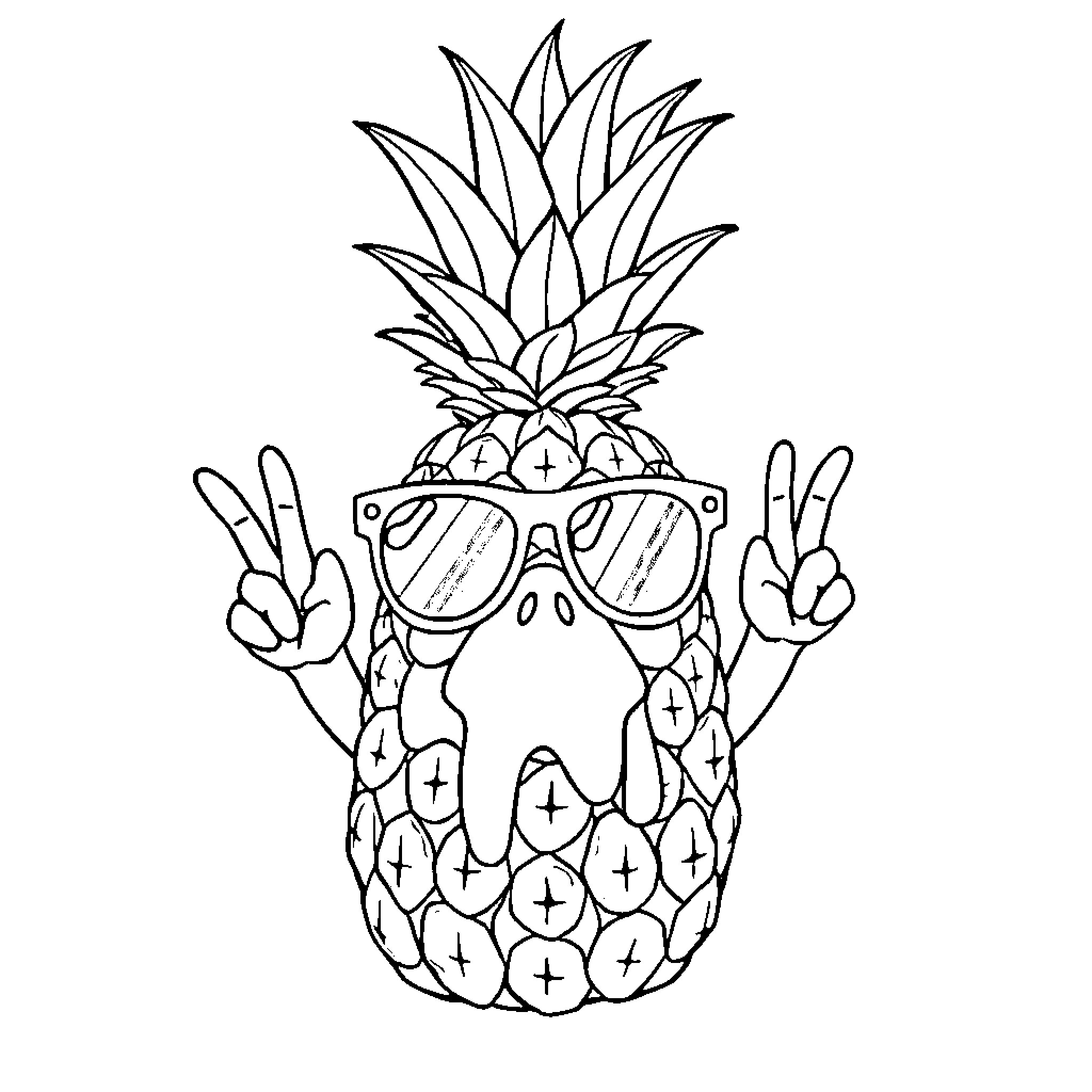 Pineapple with peace sign sunglasses Coloring Page (free black-and-white line drawing printable PDF for all, from beginners to advanced learners, including children, teens, adults, and seniors)