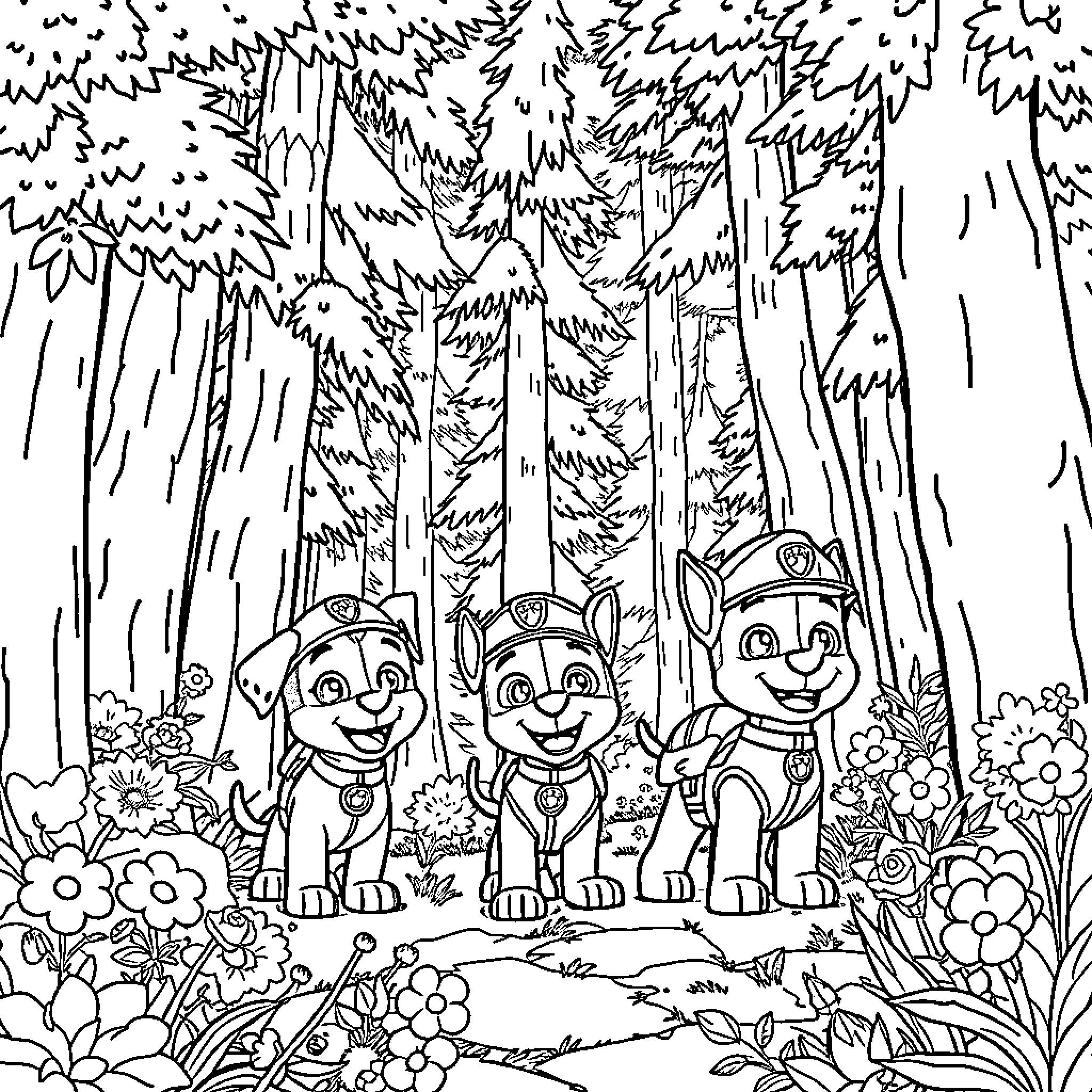 Paw Patrol characters exploring the forest Coloring Page (free black-and-white line drawing printable PDF for all, from beginners to advanced learners, including children, teens, adults, and seniors)