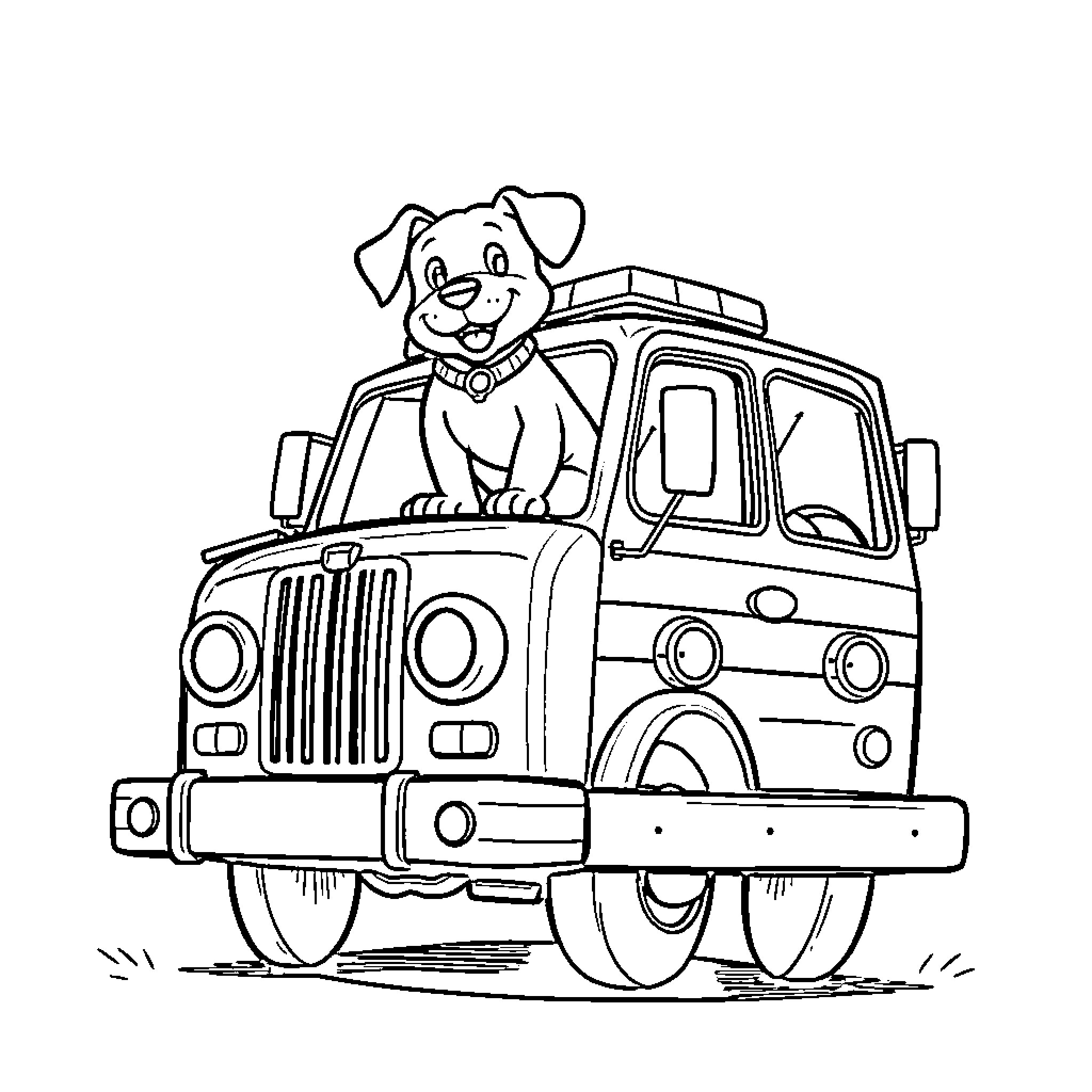 Dog riding happily on a fire truck Coloring Page (free black-and-white line drawing printable PDF for all, from beginners to advanced learners, including children, teens, adults, and seniors)