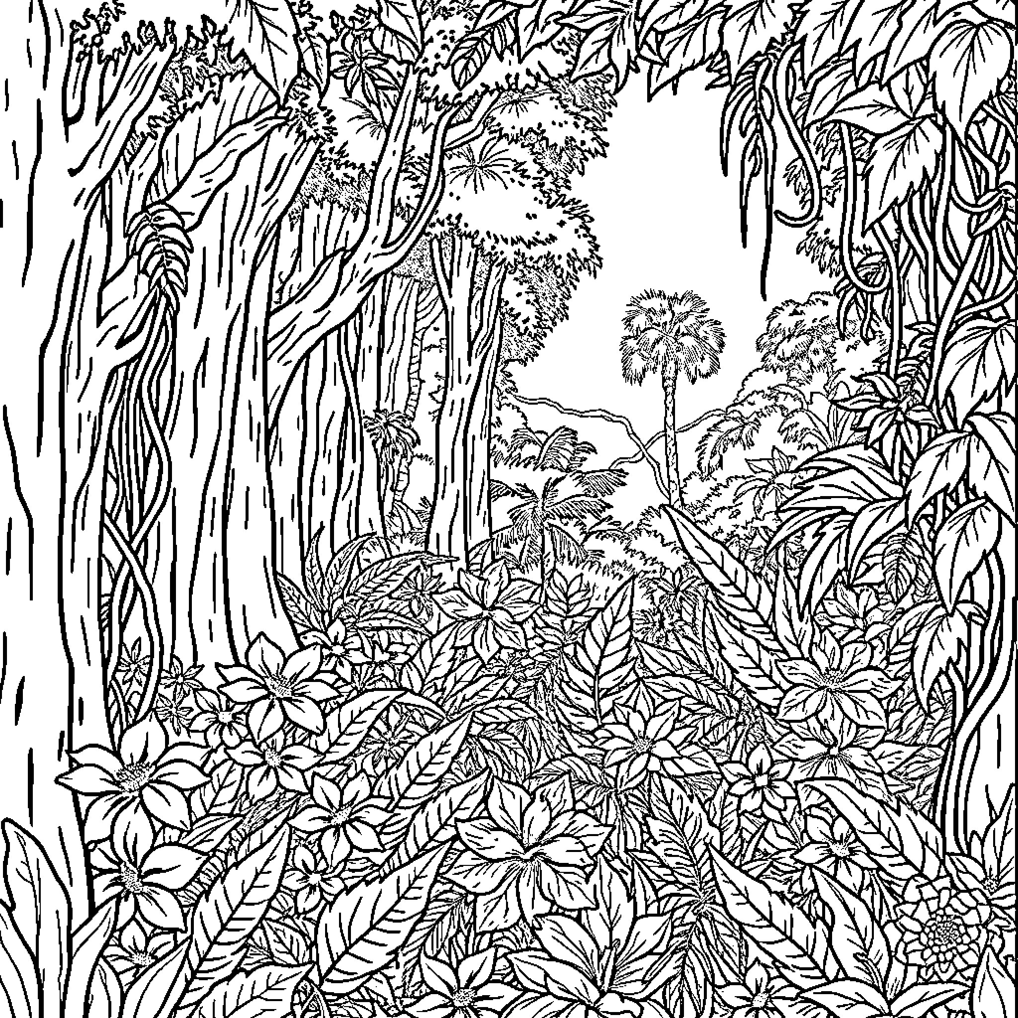 Jungle filled with lush foliage and intricate details Coloring Page (free black-and-white line drawing printable PDF for all, from beginners to advanced learners, including children, teens, adults, and seniors)