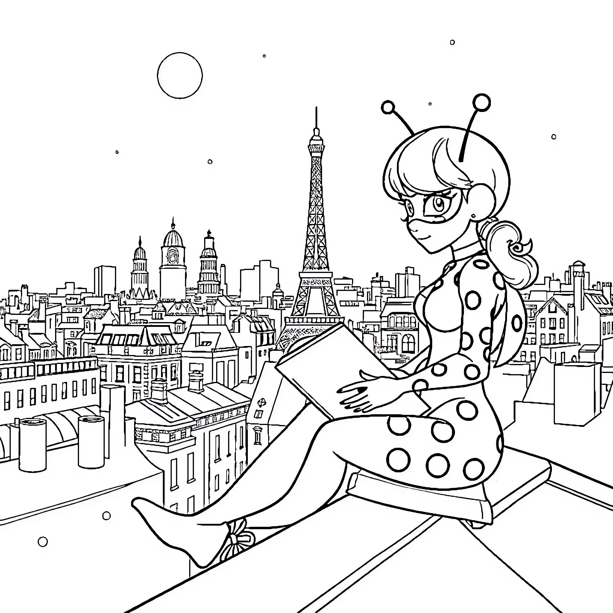 Ladybug exploring the vibrant Parisian cityscape Coloring Page (free black-and-white line drawing printable PDF for all, from beginners to advanced learners, including children, teens, adults, and seniors)