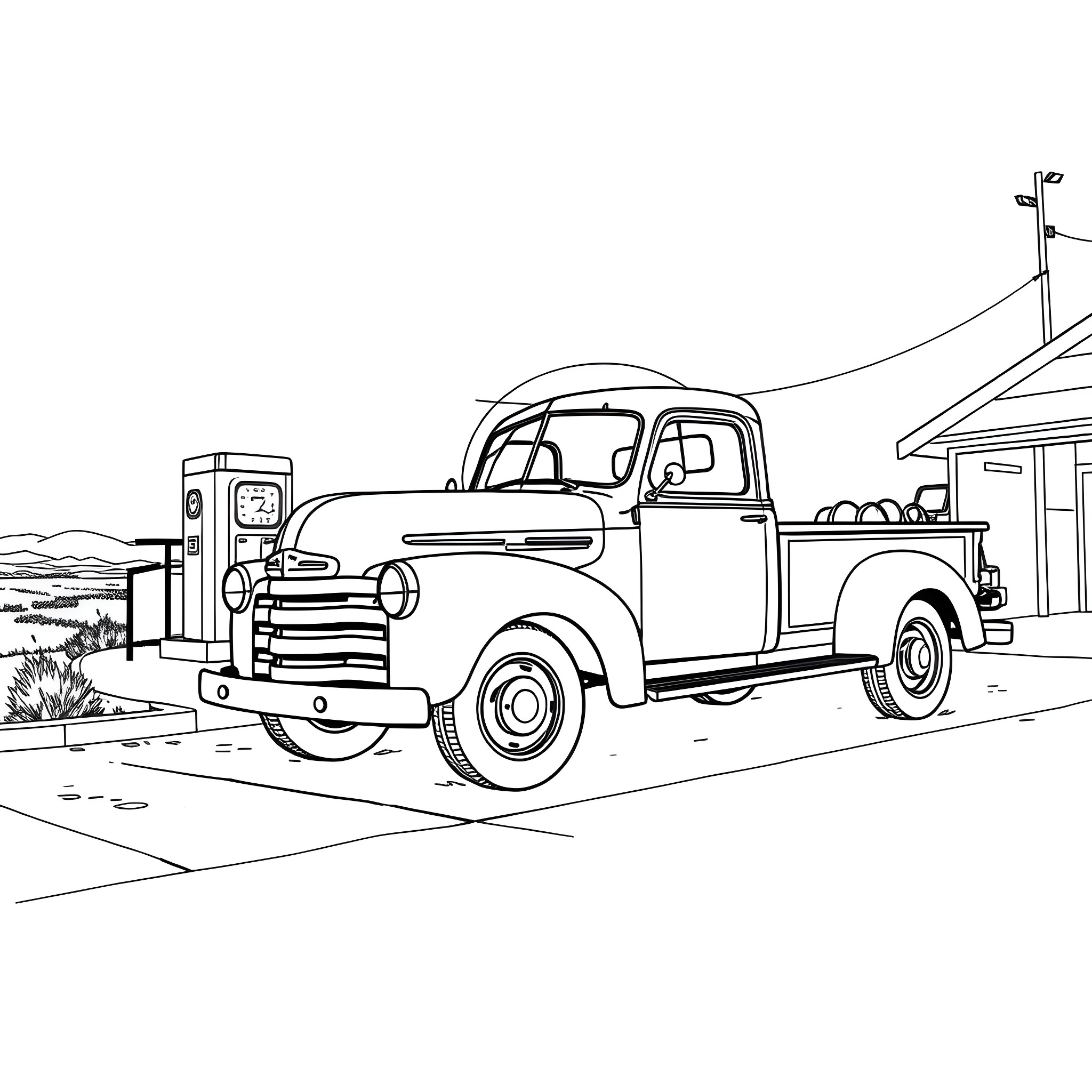 Truck at the gas station in a rural setting Coloring Page (free black-and-white line drawing printable PDF for all, from beginners to advanced learners, including children, teens, adults, and seniors)