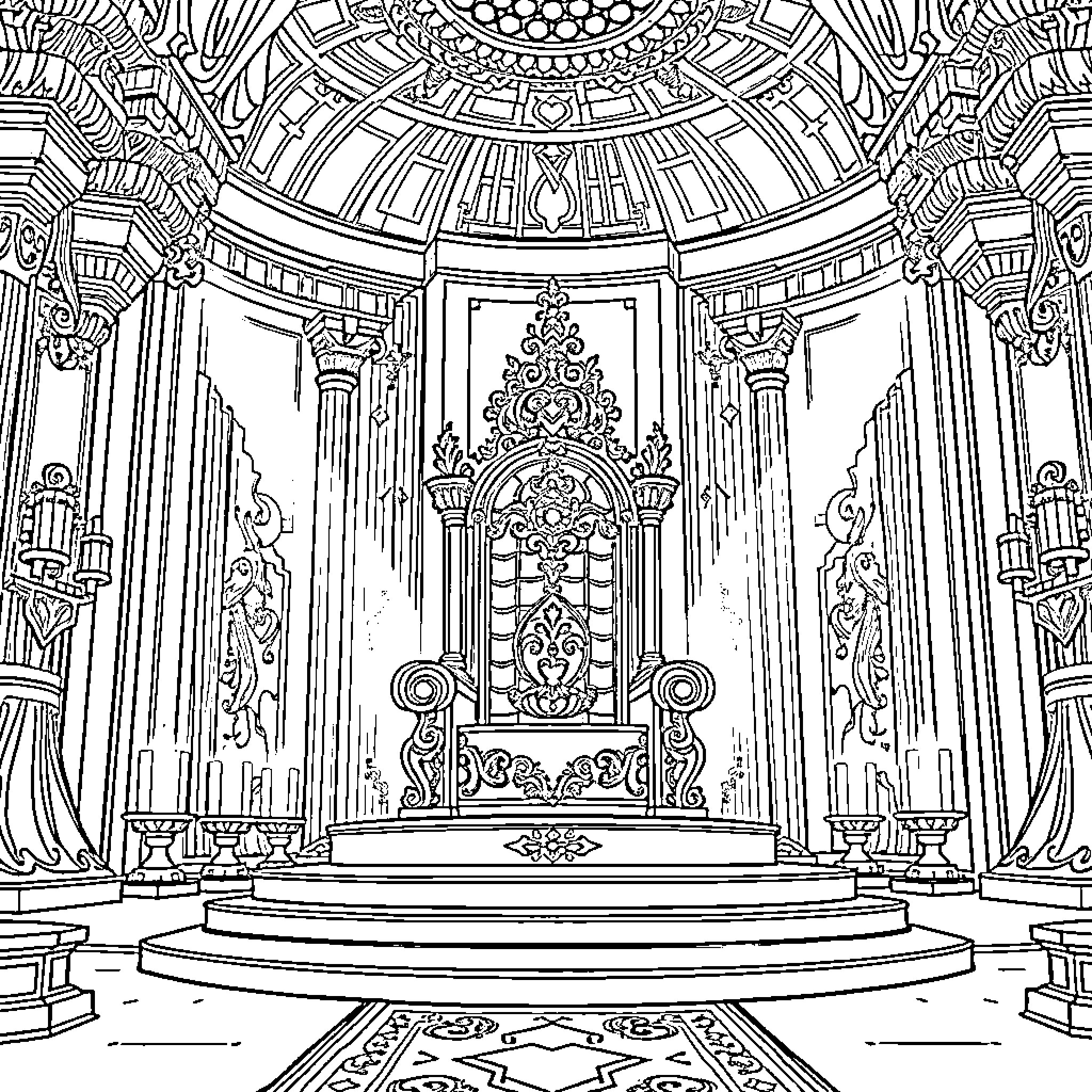 Throne of Ornate Splendor and Grandeur Coloring Page (free black-and-white line drawing printable PDF for all, from beginners to advanced learners, including children, teens, adults, and seniors)