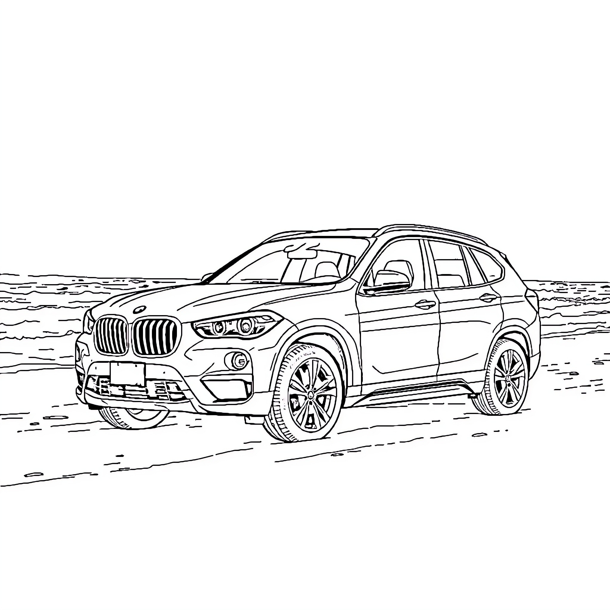 BMW X1 on the beach with ocean backdrop Coloring Page (free black-and-white line drawing printable PDF for all, from beginners to advanced learners, including children, teens, adults, and seniors)