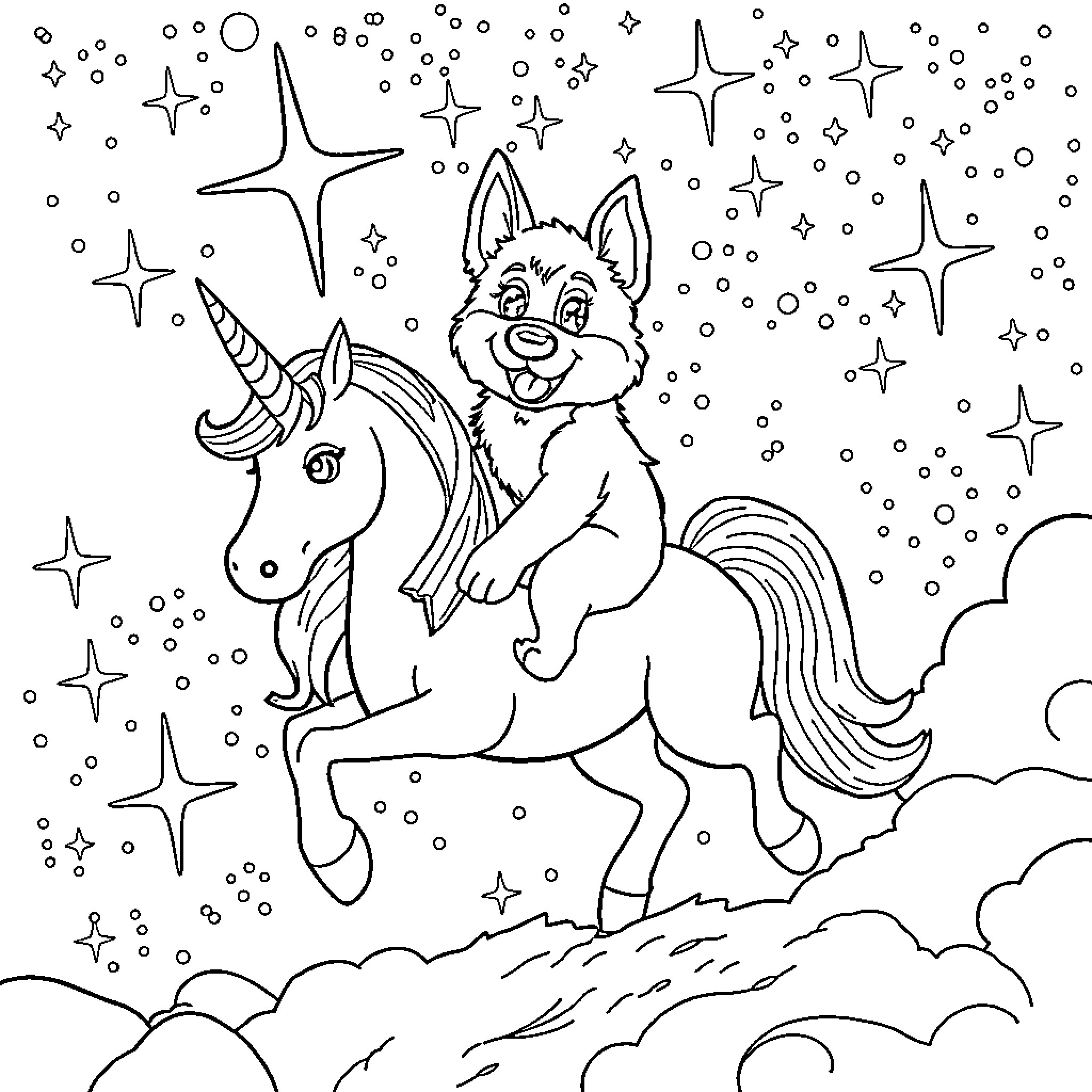 Bluey Riding a Magical Unicorn in the Stars Coloring Page (free black-and-white line drawing printable PDF for all, from beginners to advanced learners, including children, teens, adults, and seniors)