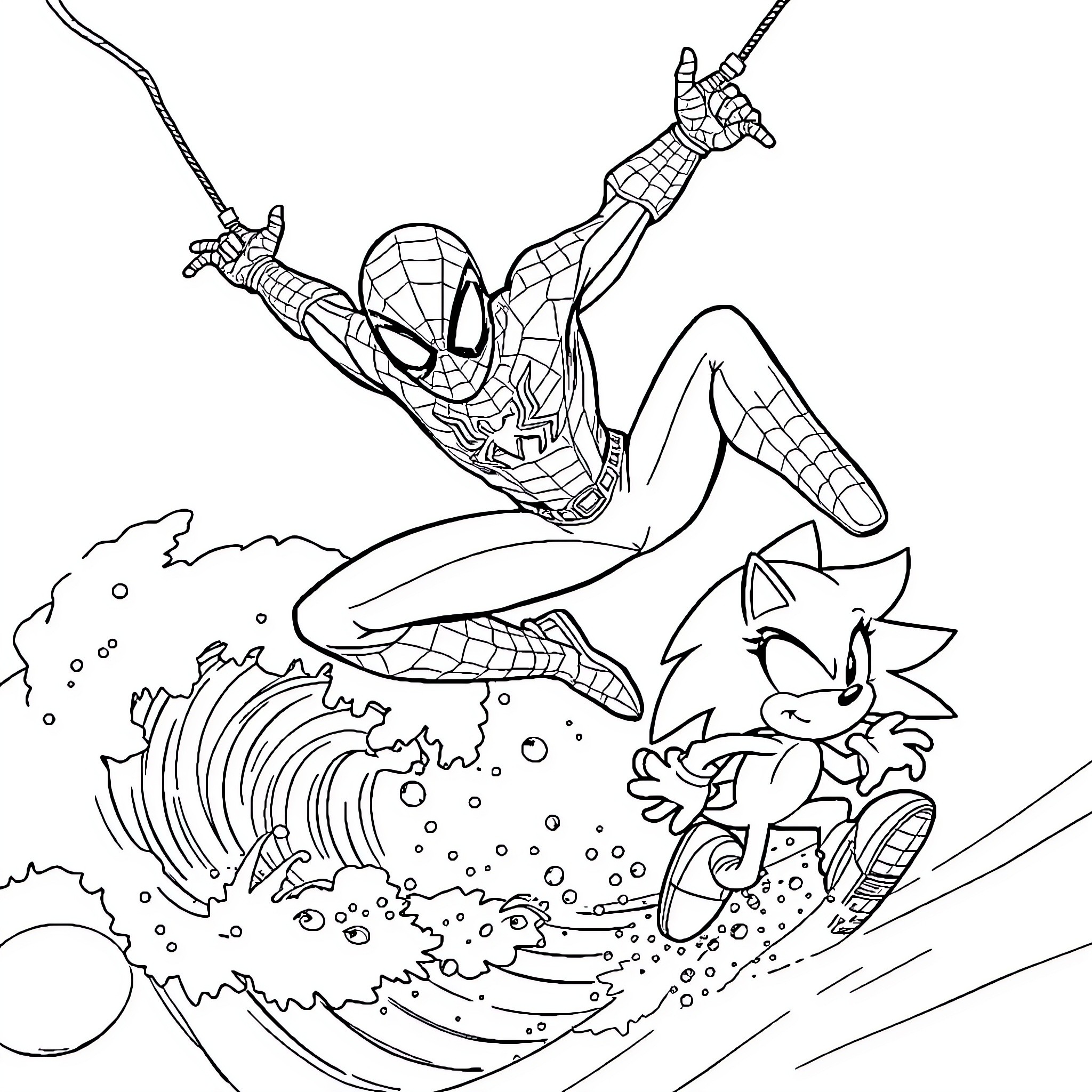 Spiderman swinging into action with Sonic the Hedgehog Coloring Page (free black-and-white line drawing printable PDF for all, from beginners to advanced learners, including children, teens, adults, and seniors)
