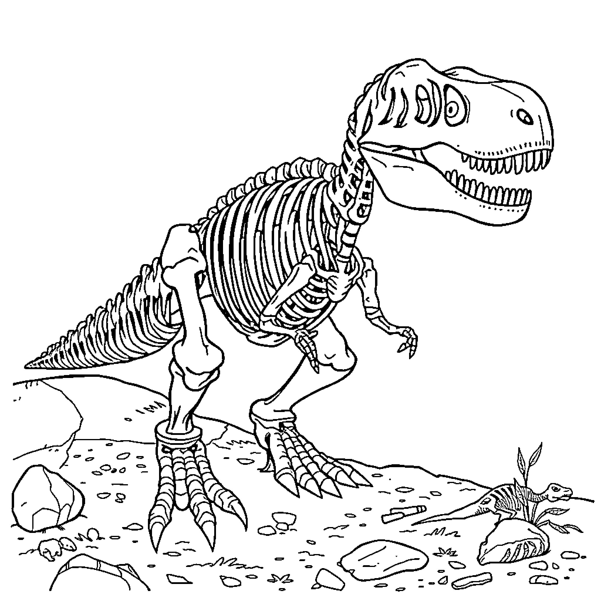 Dinosaur skeleton discovered in prehistoric setting Coloring Page (free black-and-white line drawing printable PDF for all, from beginners to advanced learners, including children, teens, adults, and seniors)