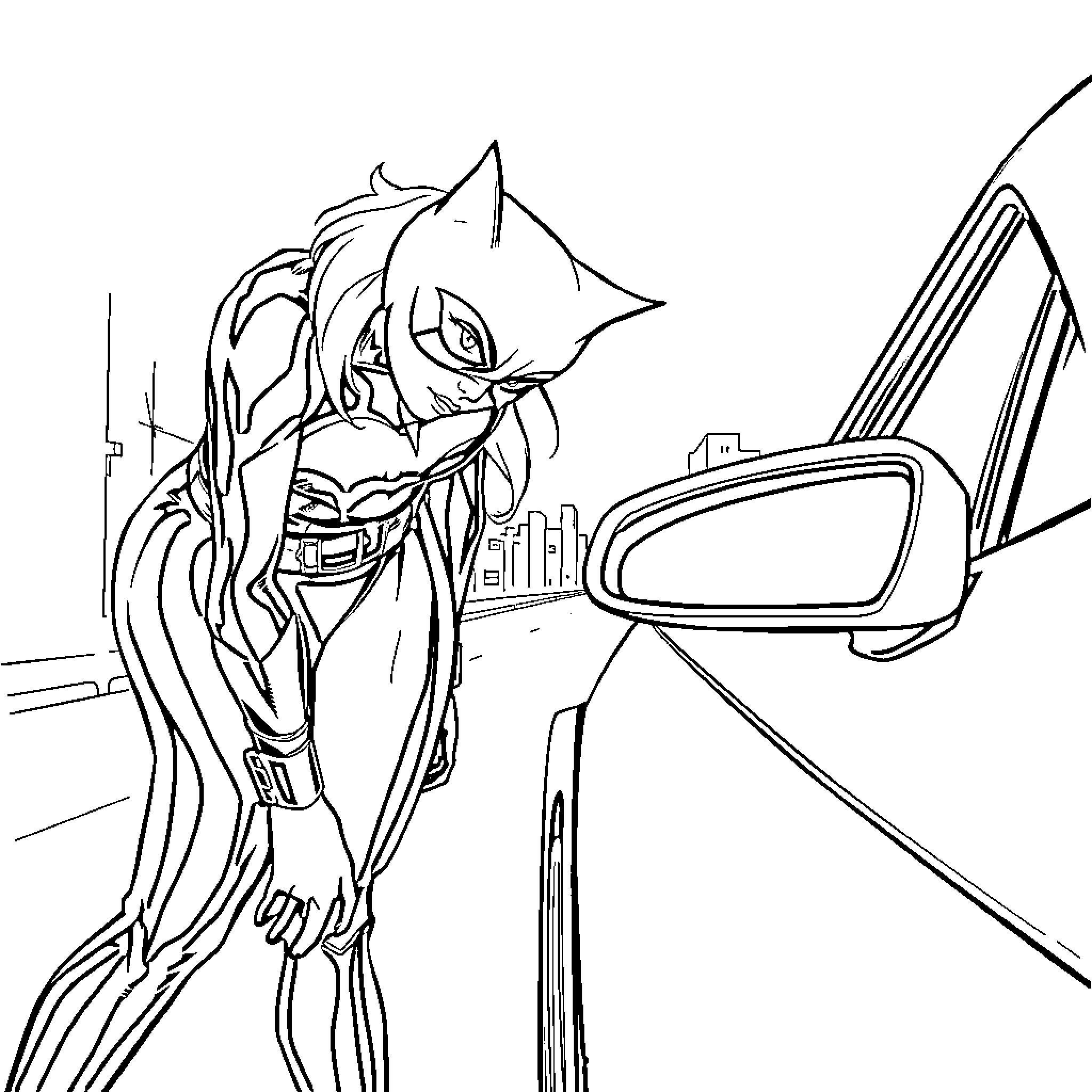 Catwoman prowling the city streets at night Coloring Page (free black-and-white line drawing printable PDF for all, from beginners to advanced learners, including children, teens, adults, and seniors)