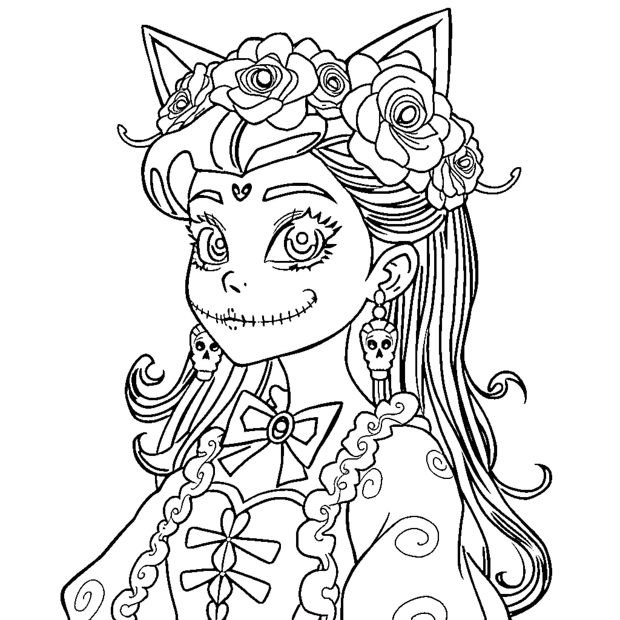 Nezuko adorned with floral headpiece and ornate attire Coloring Page (free black-and-white line drawing printable PDF for all, from beginners to advanced learners, including children, teens, adults, and seniors)