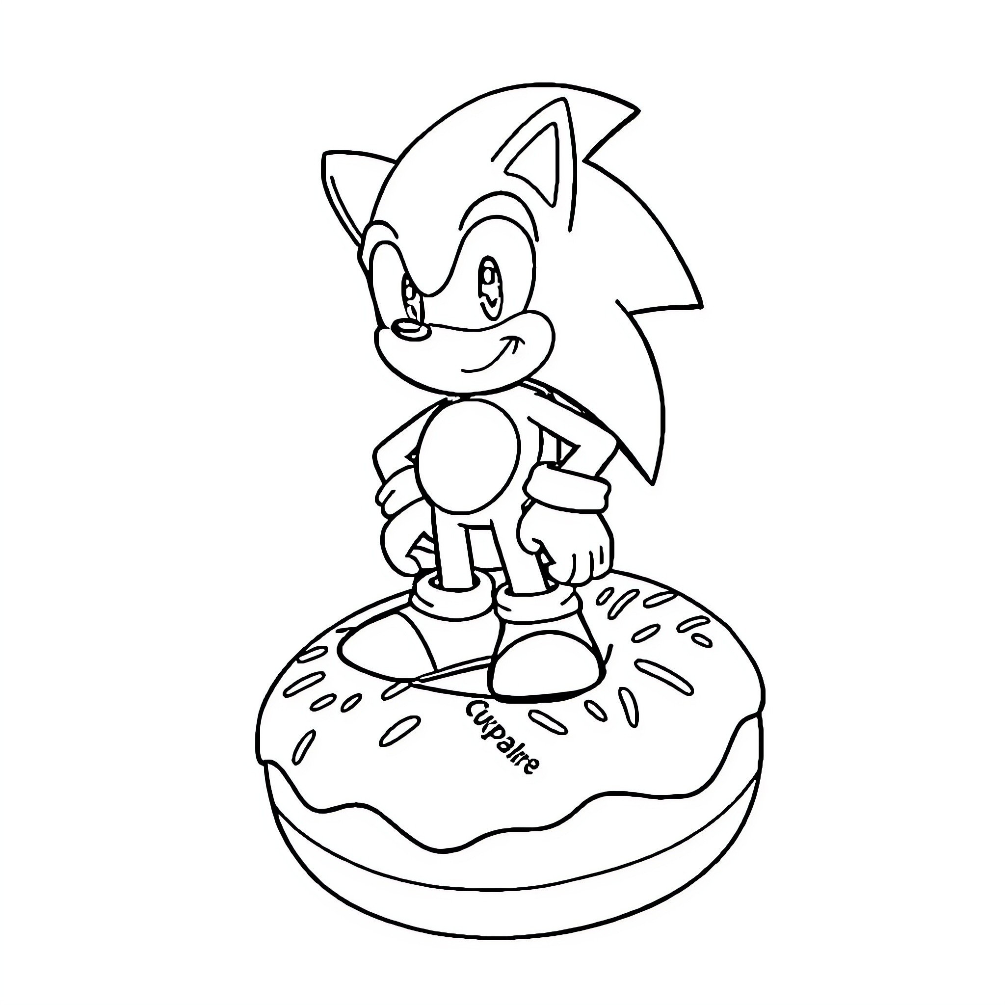 Sonic enjoying a donut on a sprinkled surface Coloring Page (free black-and-white line drawing printable PDF for all, from beginners to advanced learners, including children, teens, adults, and seniors)