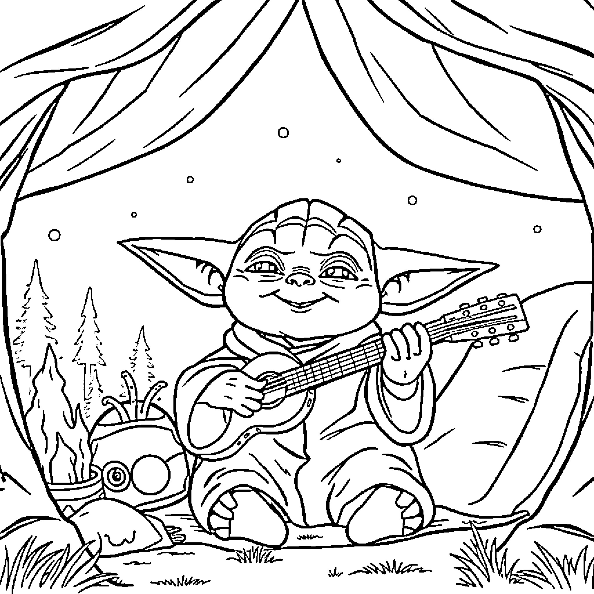 Yoda playing guitar in the forest Coloring Page (free black-and-white line drawing printable PDF for all, from beginners to advanced learners, including children, teens, adults, and seniors)
