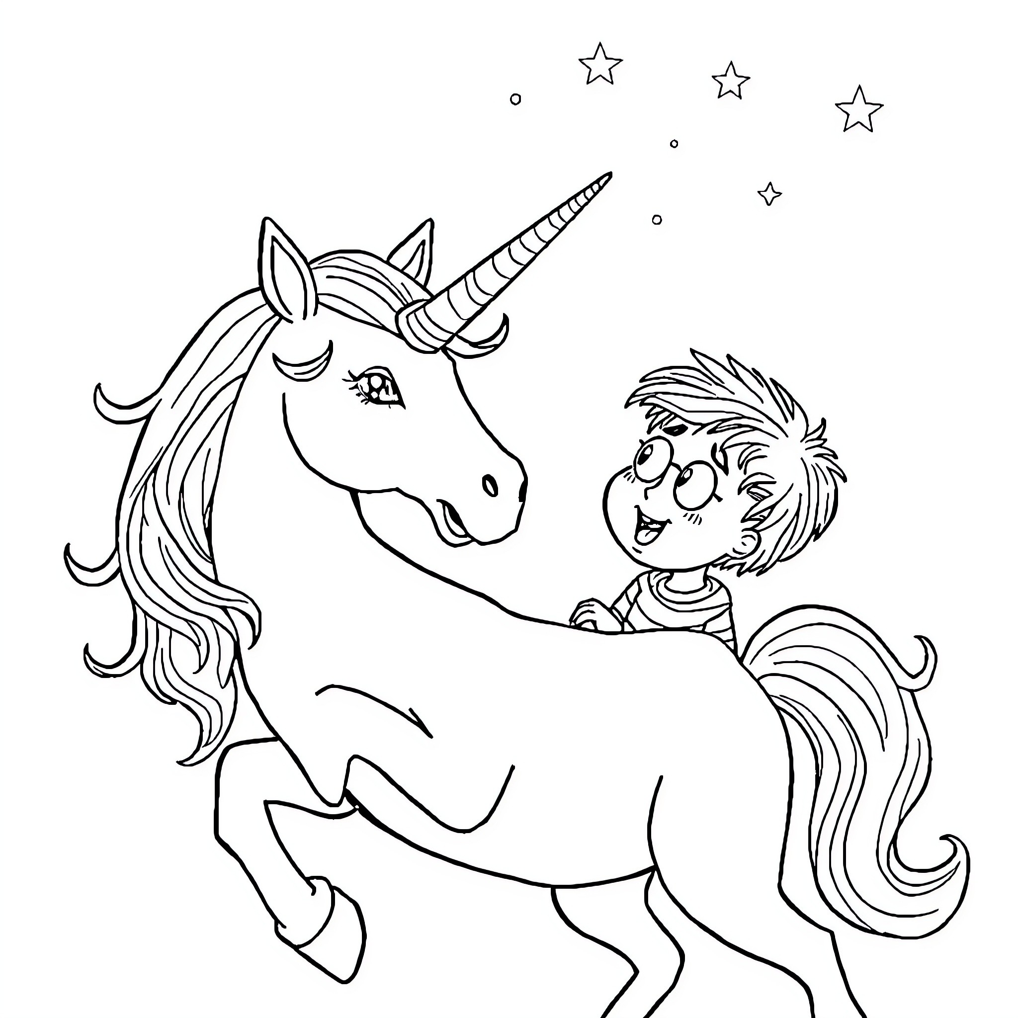 Unicorn and child playing under the stars Coloring Page (free black-and-white line drawing printable PDF for all, from beginners to advanced learners, including children, teens, adults, and seniors)